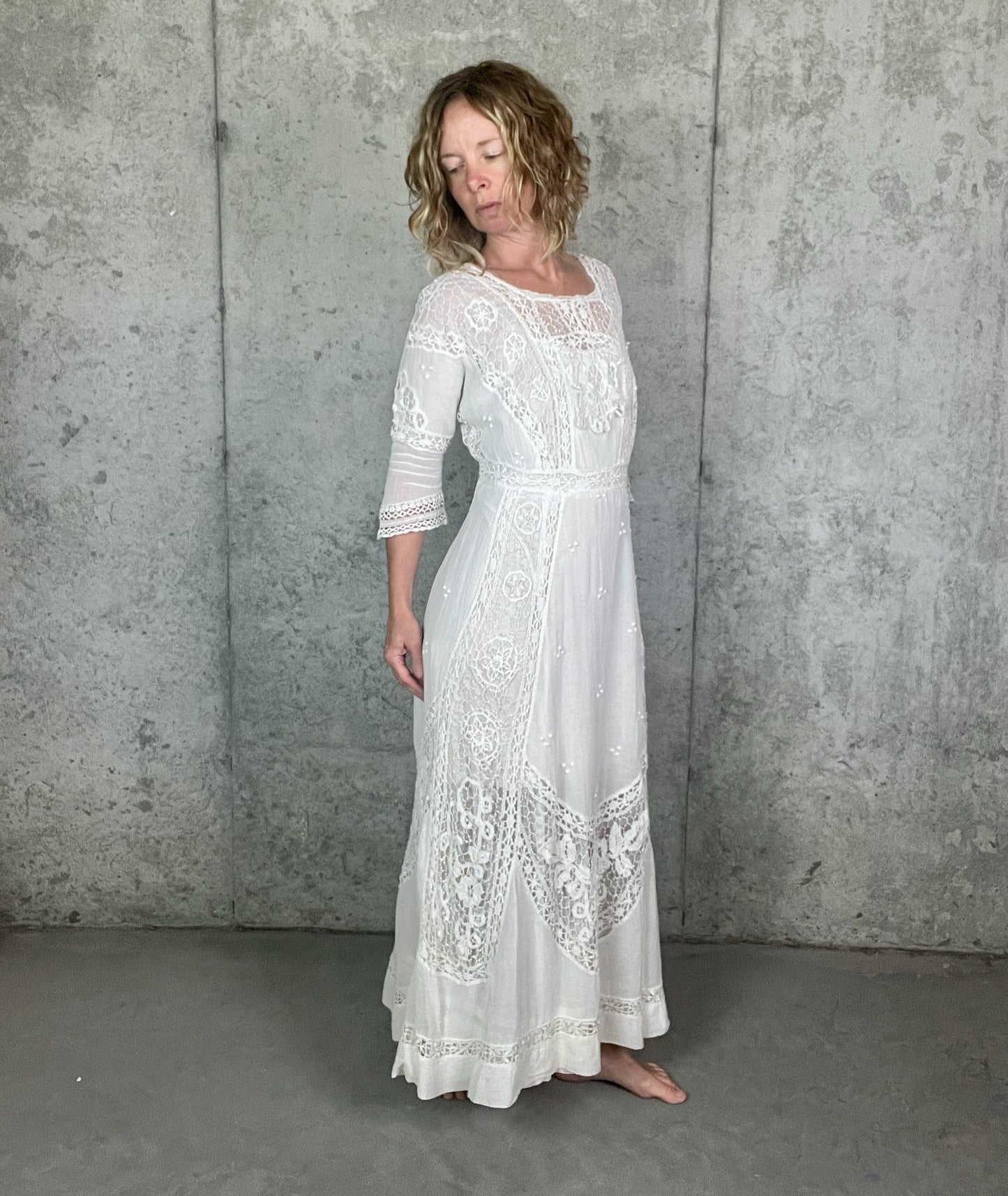 Antique 1910s Edwardian White Cotton Gauze Lingerie Dress with Cutwork Lace