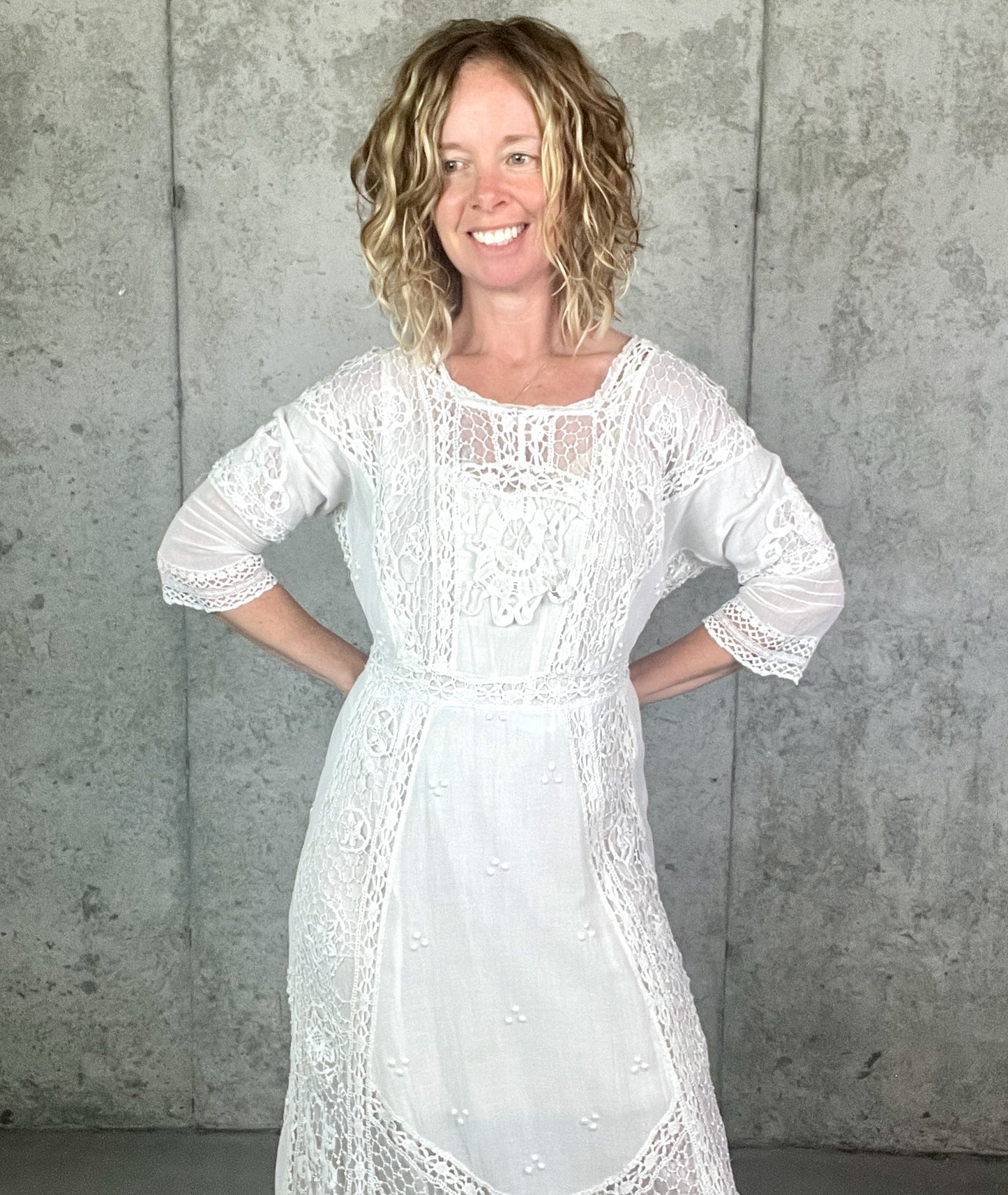 Antique 1910s Edwardian White Cotton Gauze Lingerie Dress with Cutwork Lace