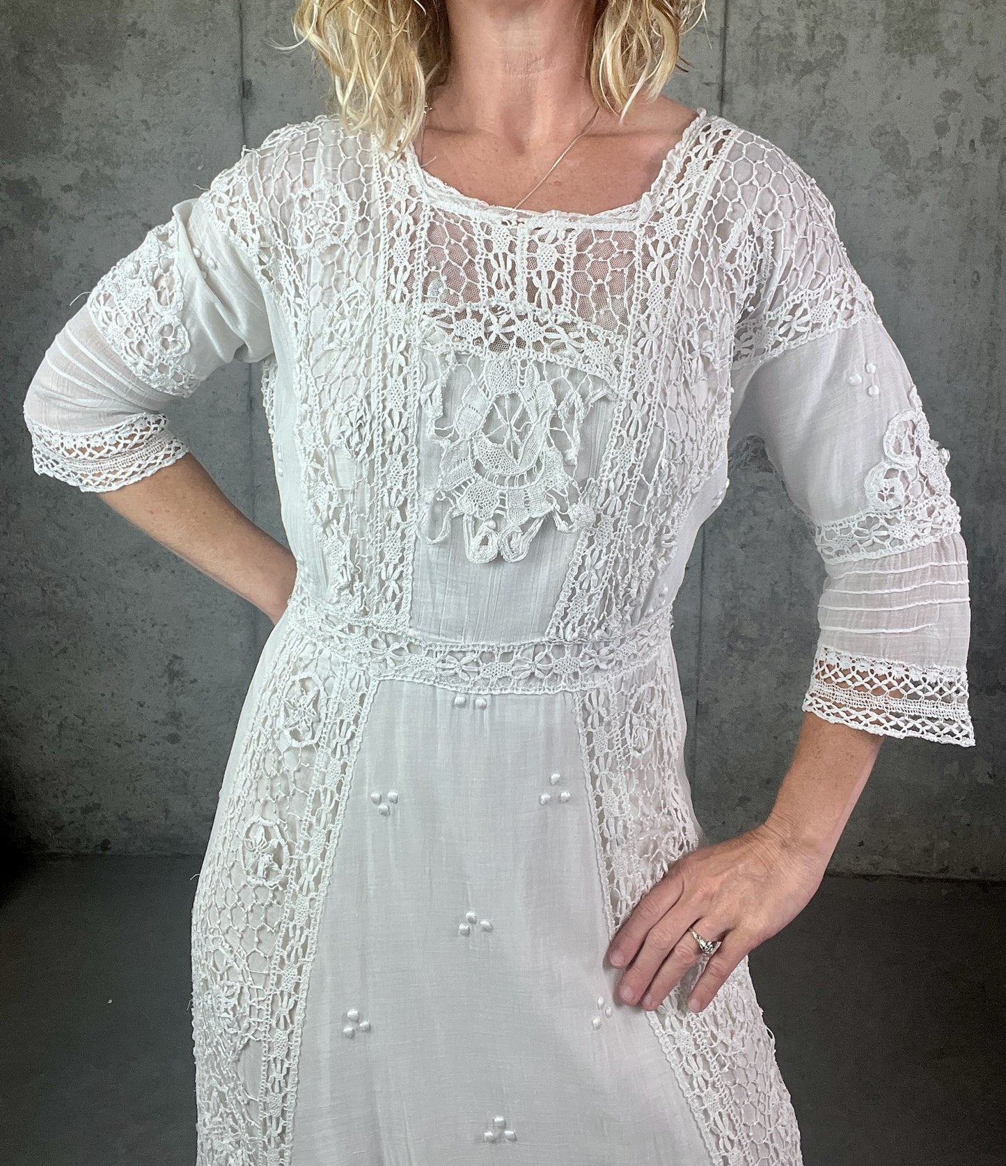 Antique 1910s Edwardian White Cotton Gauze Lingerie Dress with Cutwork Lace