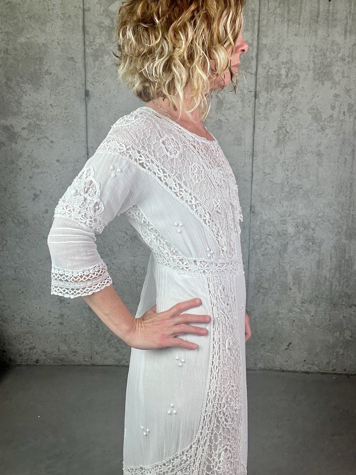 Antique 1910s Edwardian White Cotton Gauze Lingerie Dress with Cutwork Lace