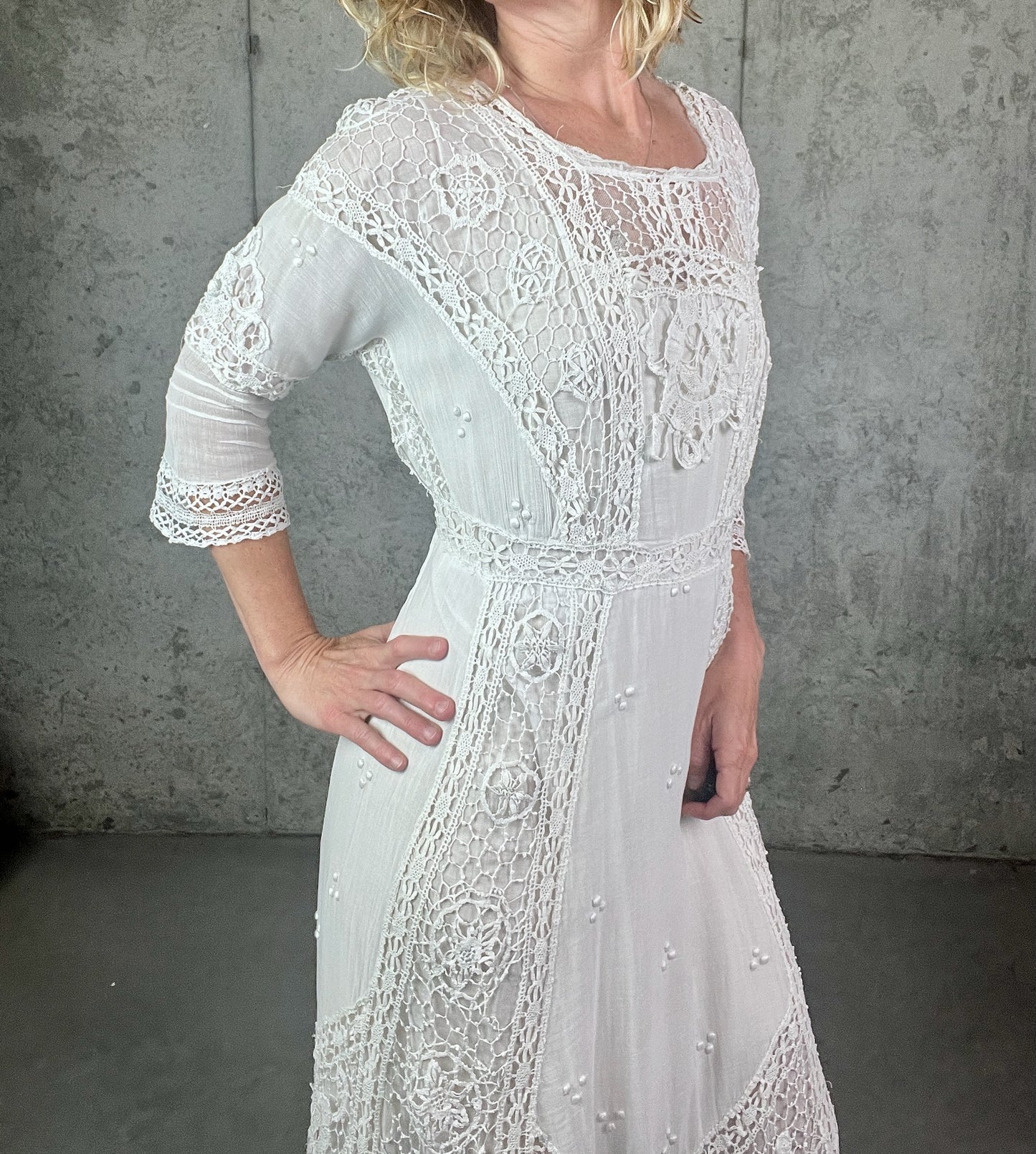 Antique 1910s Edwardian White Cotton Gauze Lingerie Dress with Cutwork Lace