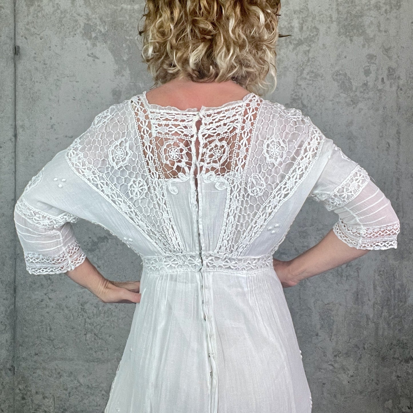 Antique 1910s Edwardian White Cotton Gauze Lingerie Dress with Cutwork Lace