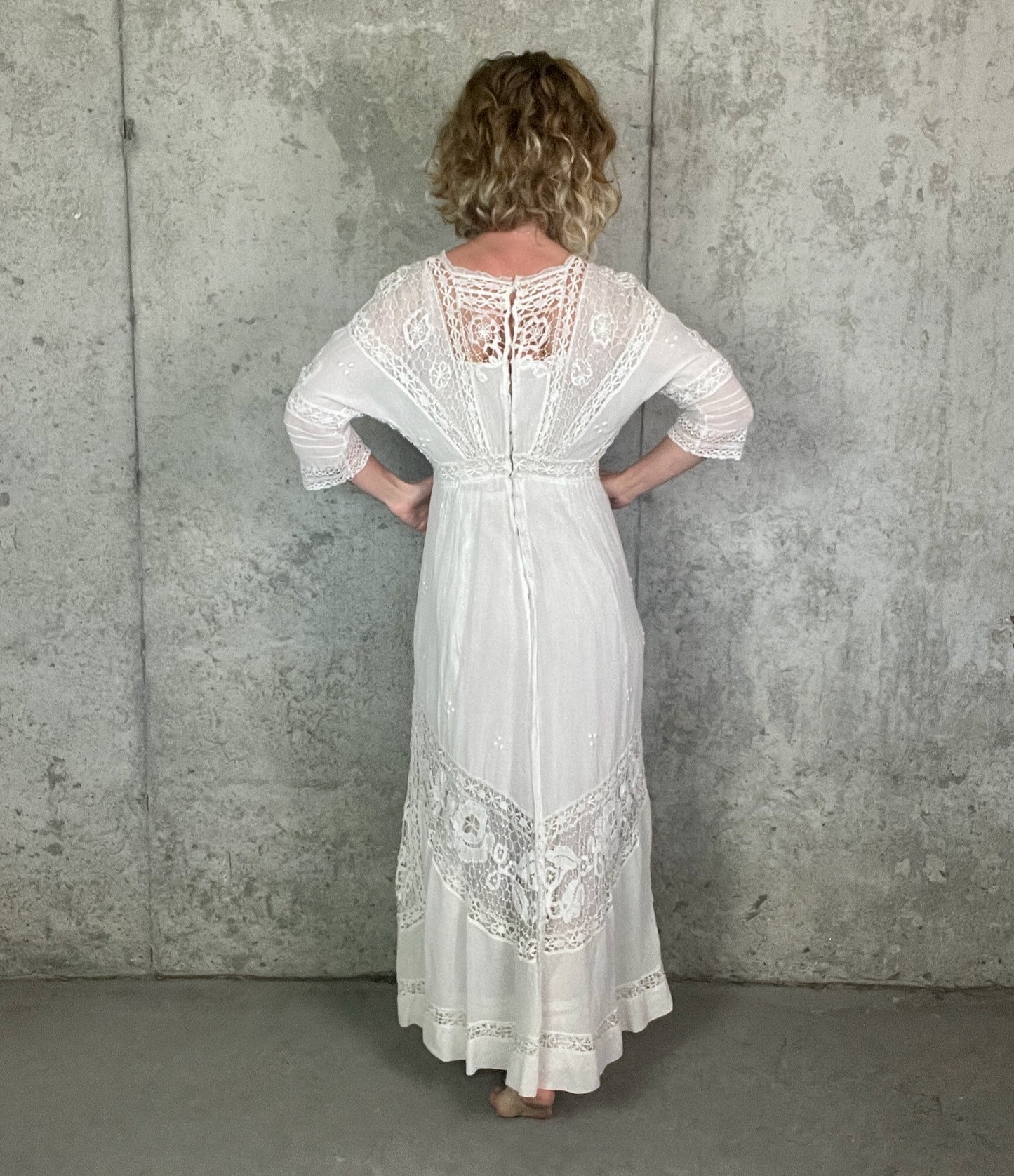 Antique 1910s Edwardian White Cotton Gauze Lingerie Dress with Cutwork Lace