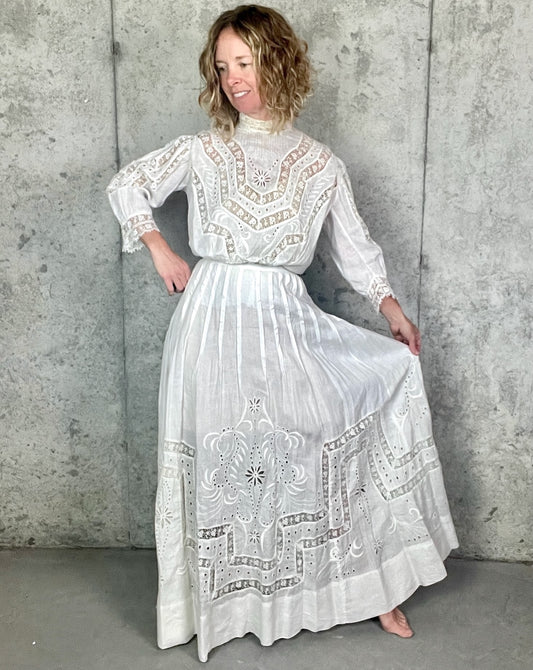 Antique Edwardian Gibson Girl Whitework Cotton Linen Dress Set with Lace and Embroidery
