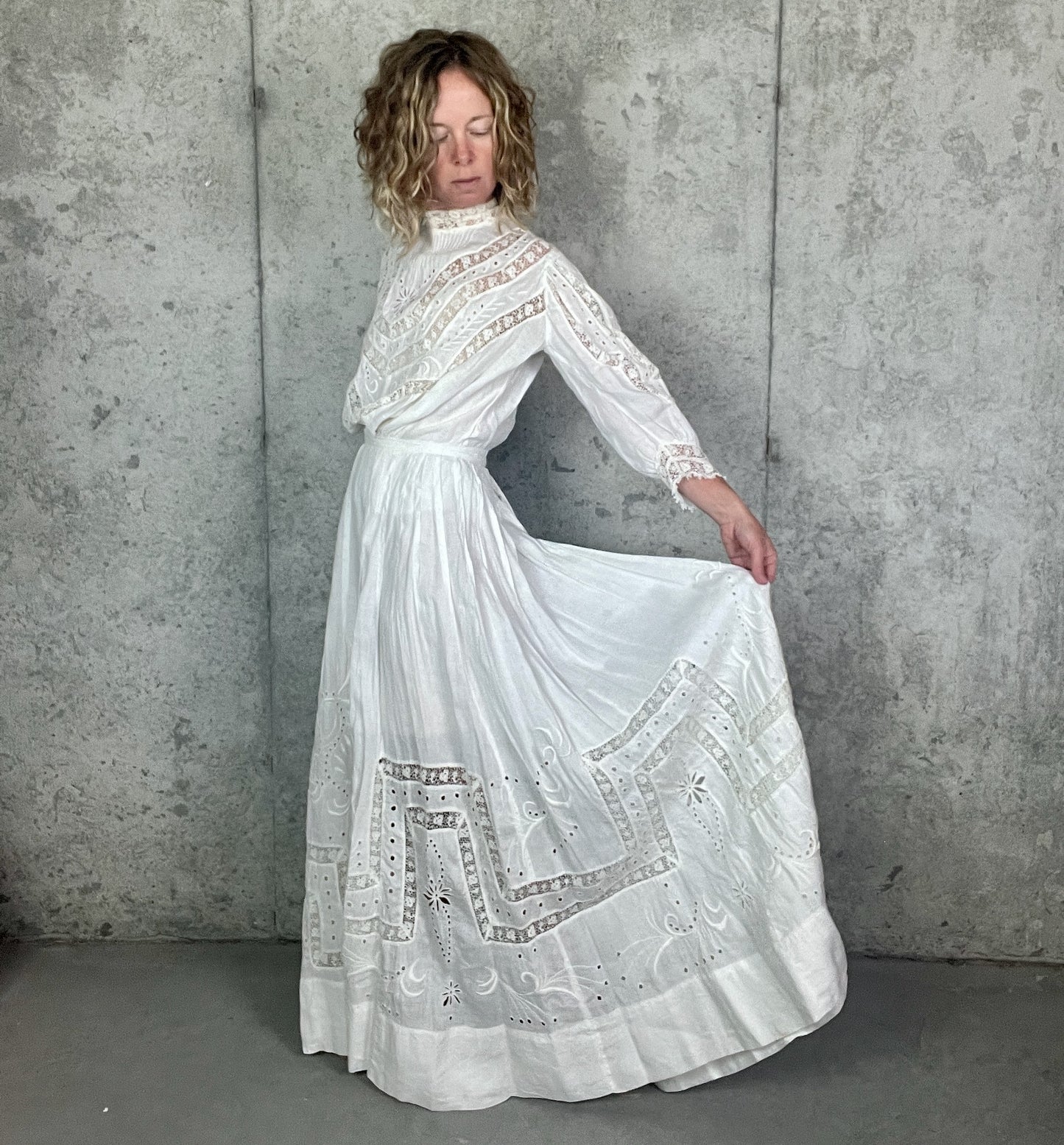 Antique Edwardian Gibson Girl Whitework Cotton Linen Dress Set with Lace and Embroidery
