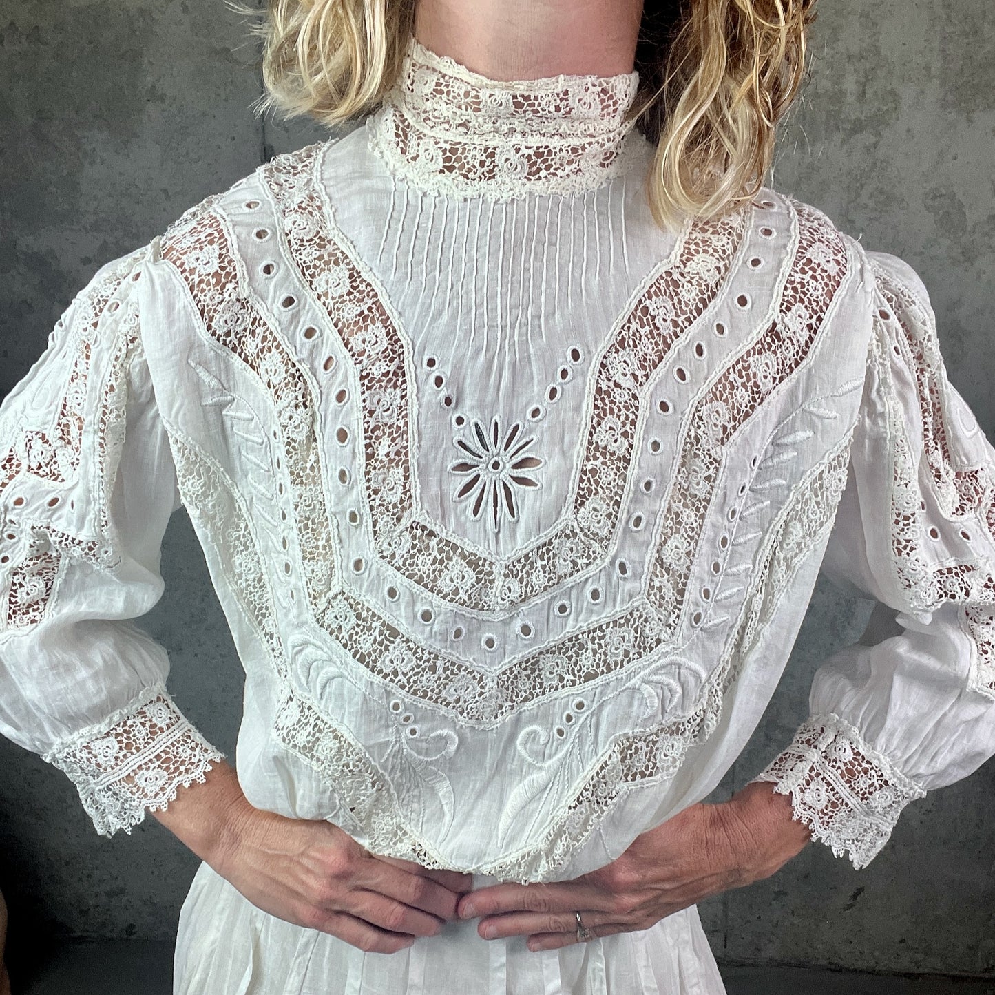 Antique Edwardian Gibson Girl Whitework Cotton Linen Dress Set with Lace and Embroidery