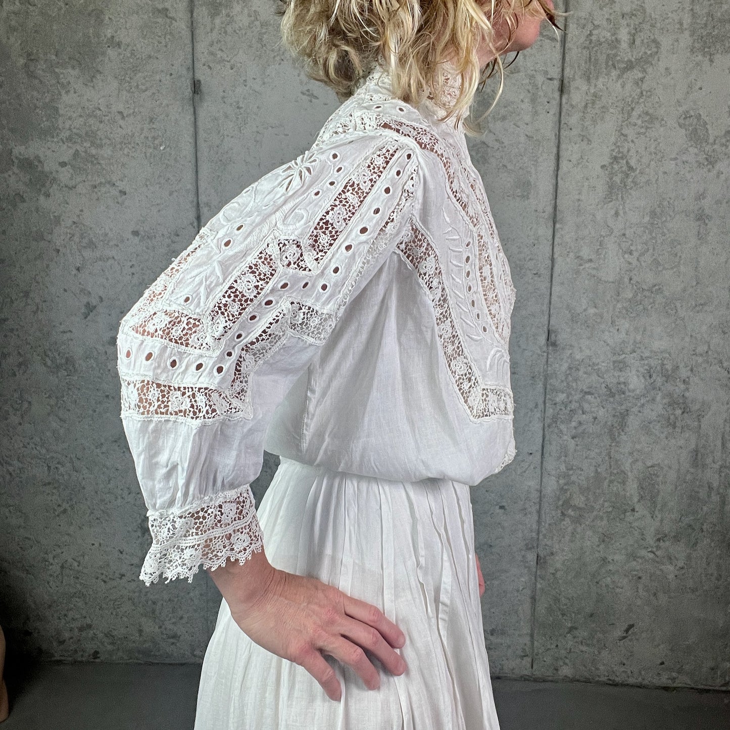 Antique Edwardian Gibson Girl Whitework Cotton Linen Dress Set with Lace and Embroidery