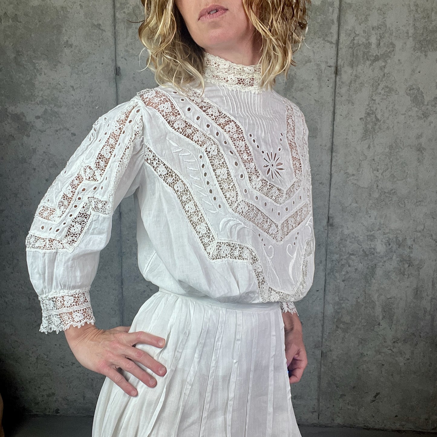 Antique Edwardian Gibson Girl Whitework Cotton Linen Dress Set with Lace and Embroidery