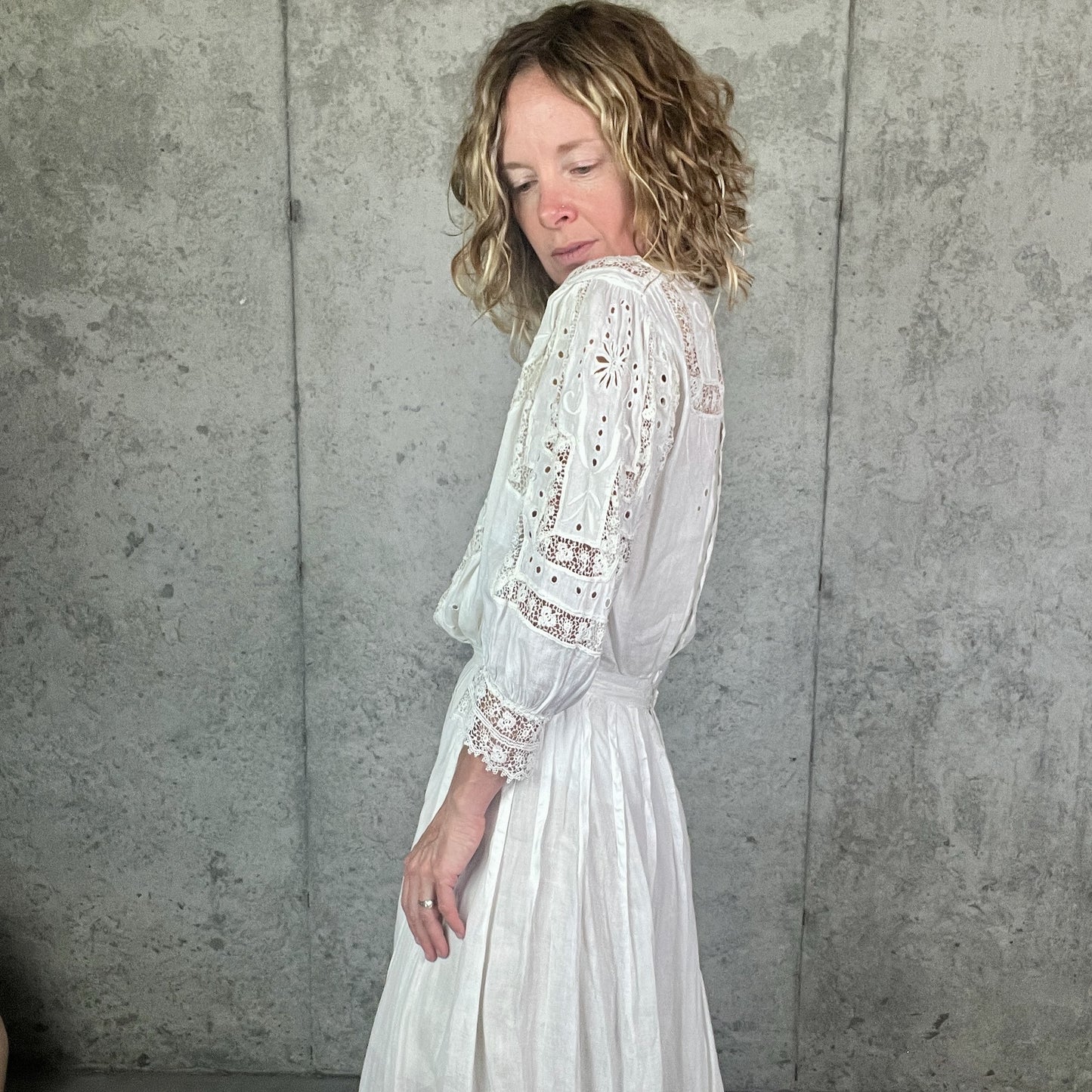 Antique Edwardian Gibson Girl Whitework Cotton Linen Dress Set with Lace and Embroidery