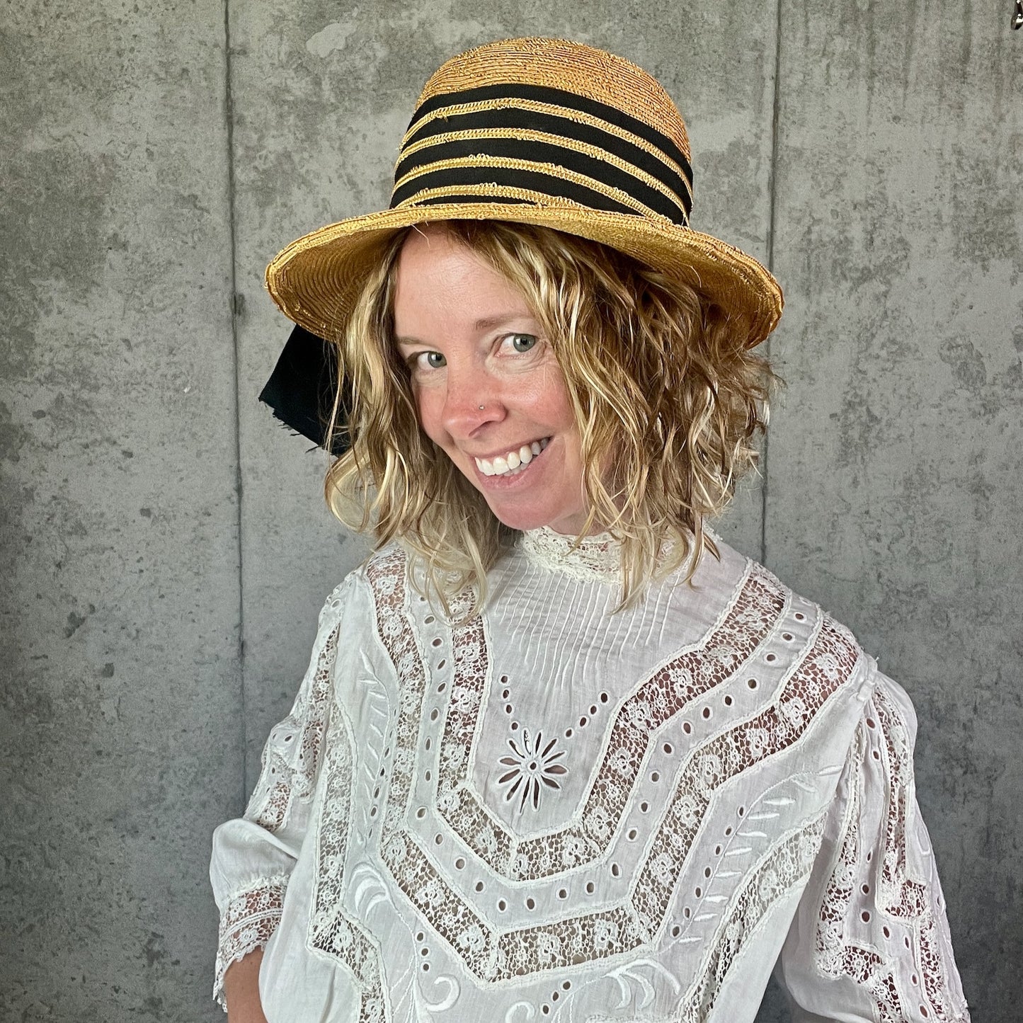 Vintage 1940s Straw Tilt Brim Hat with Black Grosgrain Ribbon Bow | My Hat's a Michele