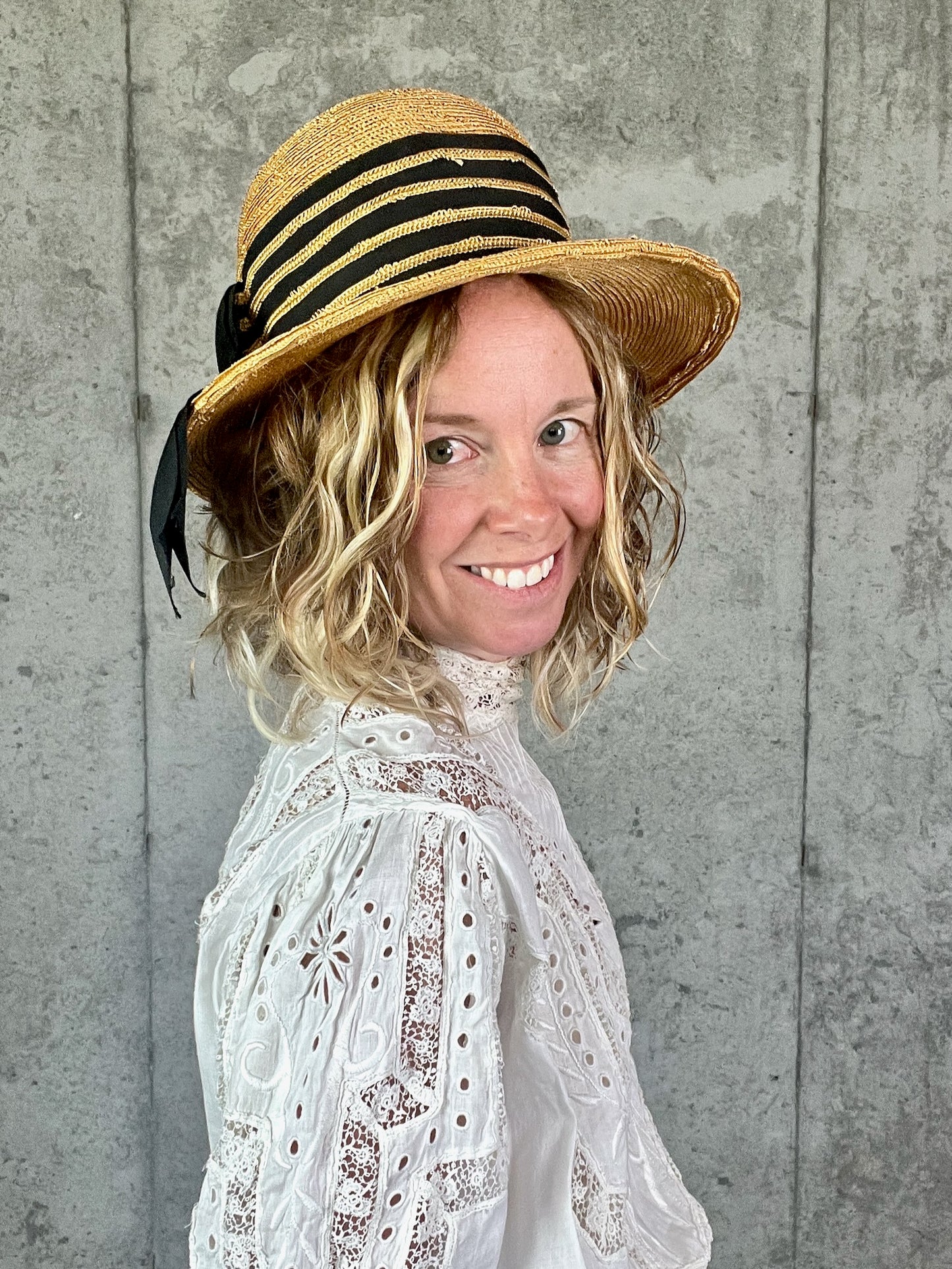 Vintage 1940s Straw Tilt Brim Hat with Black Grosgrain Ribbon Bow | My Hat's a Michele