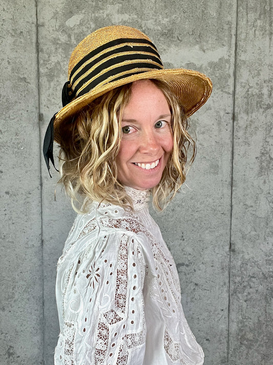 Vintage 1940s Straw Tilt Brim Hat with Black Grosgrain Ribbon Bow | My Hat's a Michele