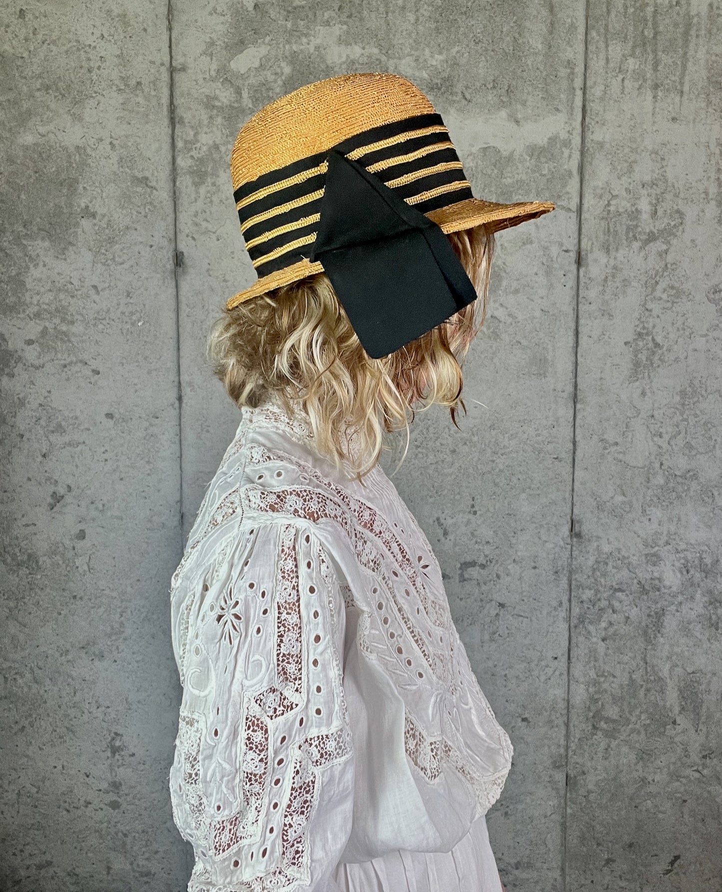 Vintage 1940s Straw Tilt Brim Hat with Black Grosgrain Ribbon Bow | My Hat's a Michele
