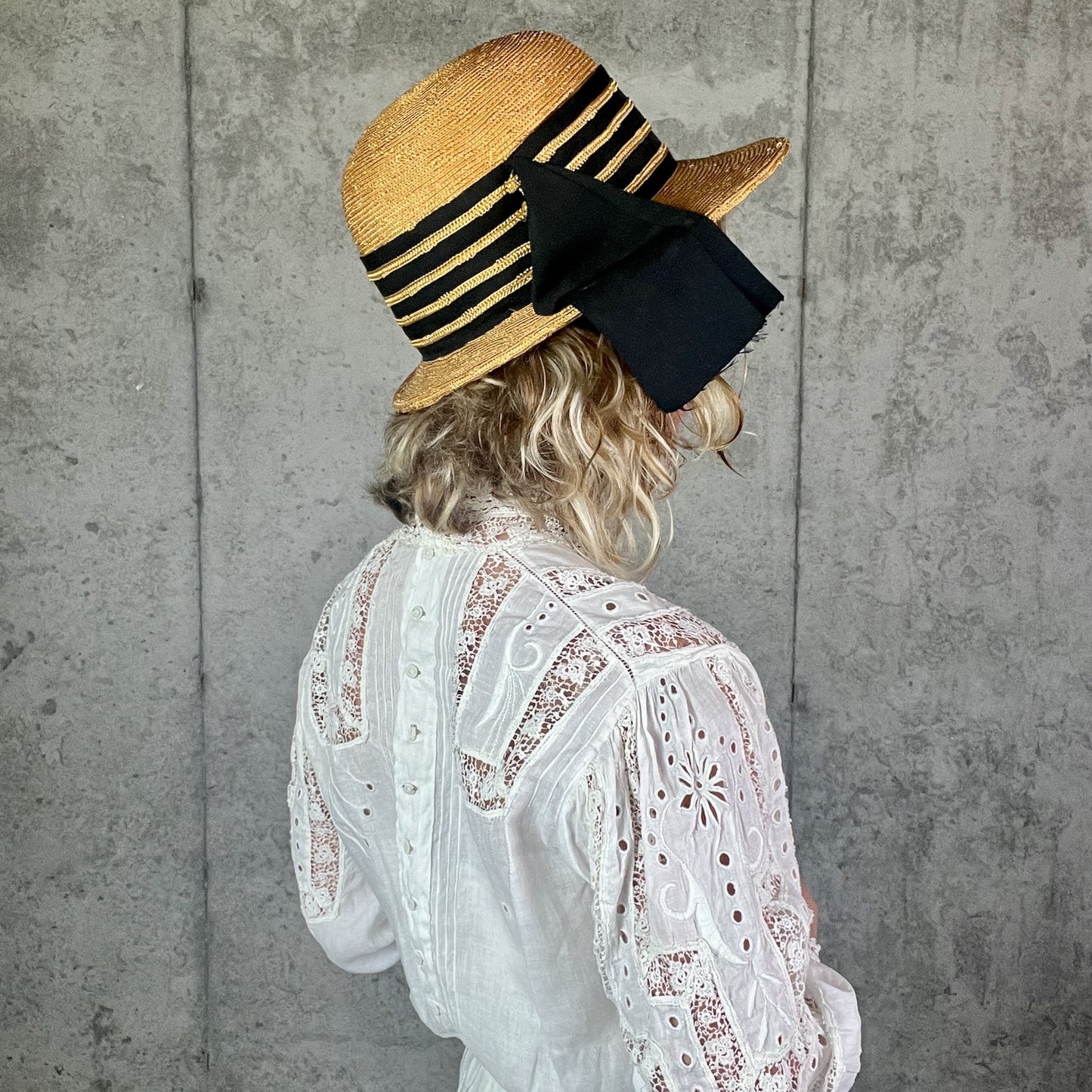 Vintage 1940s Straw Tilt Brim Hat with Black Grosgrain Ribbon Bow | My Hat's a Michele