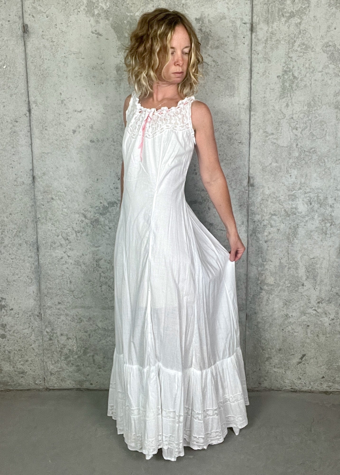 Antique 1900s Edwardian White Cotton Princess Petticoat Dress with Lace Trim
