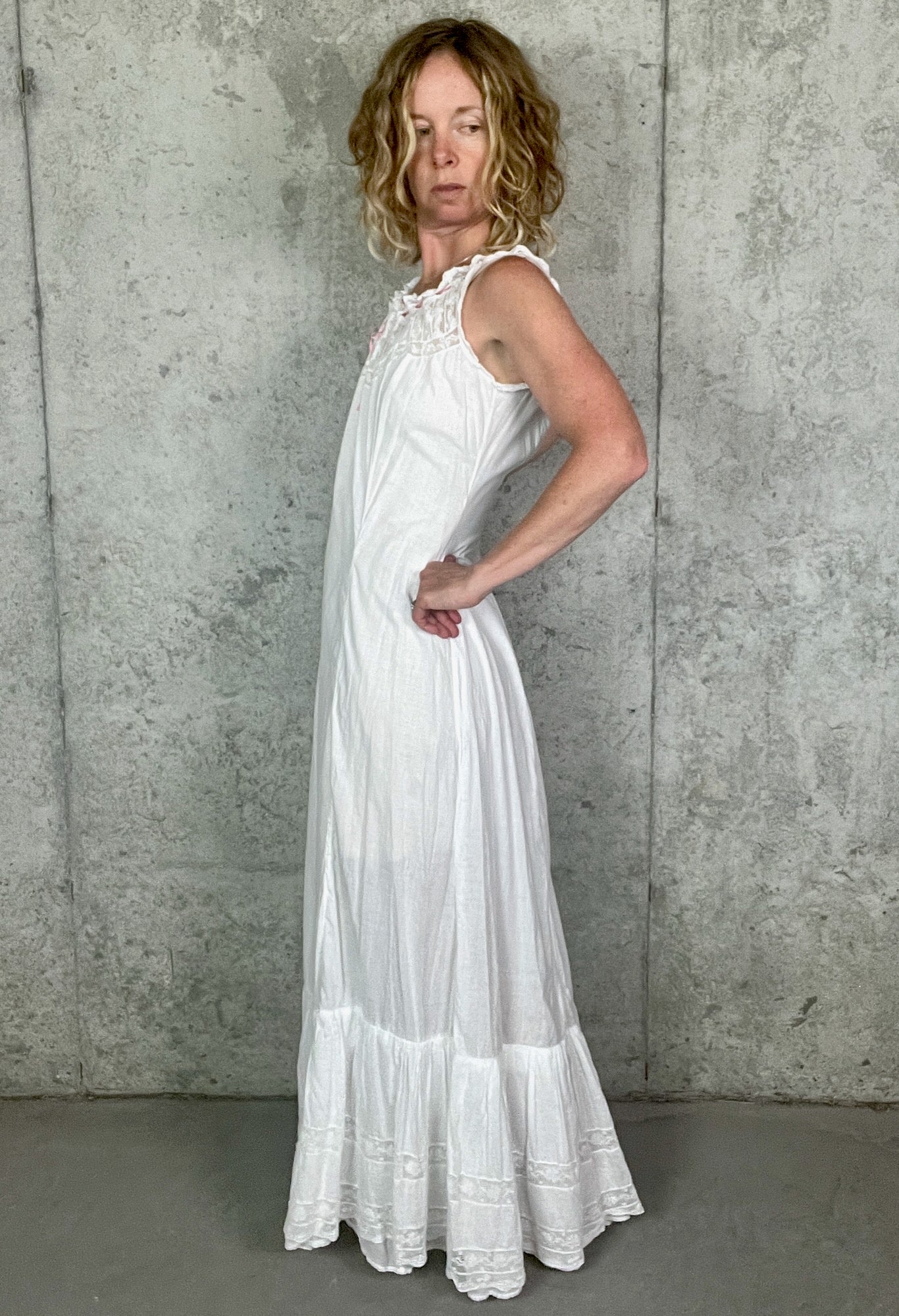 Antique 1900s Edwardian White Cotton Princess Petticoat Dress with Lace Trim
