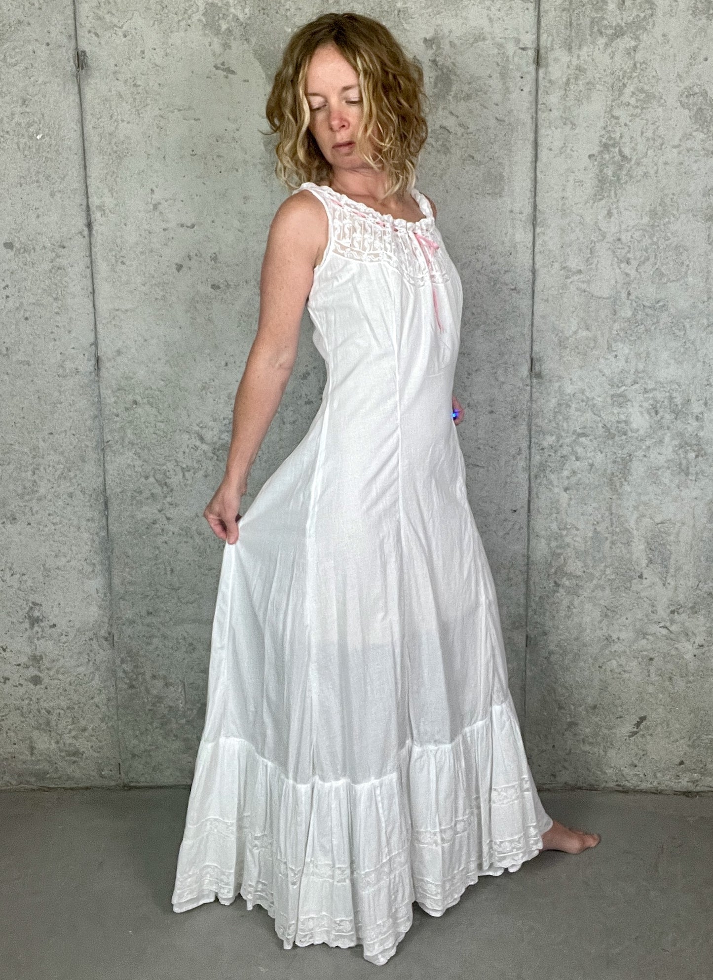 Antique 1900s Edwardian White Cotton Princess Petticoat Dress with Lace Trim