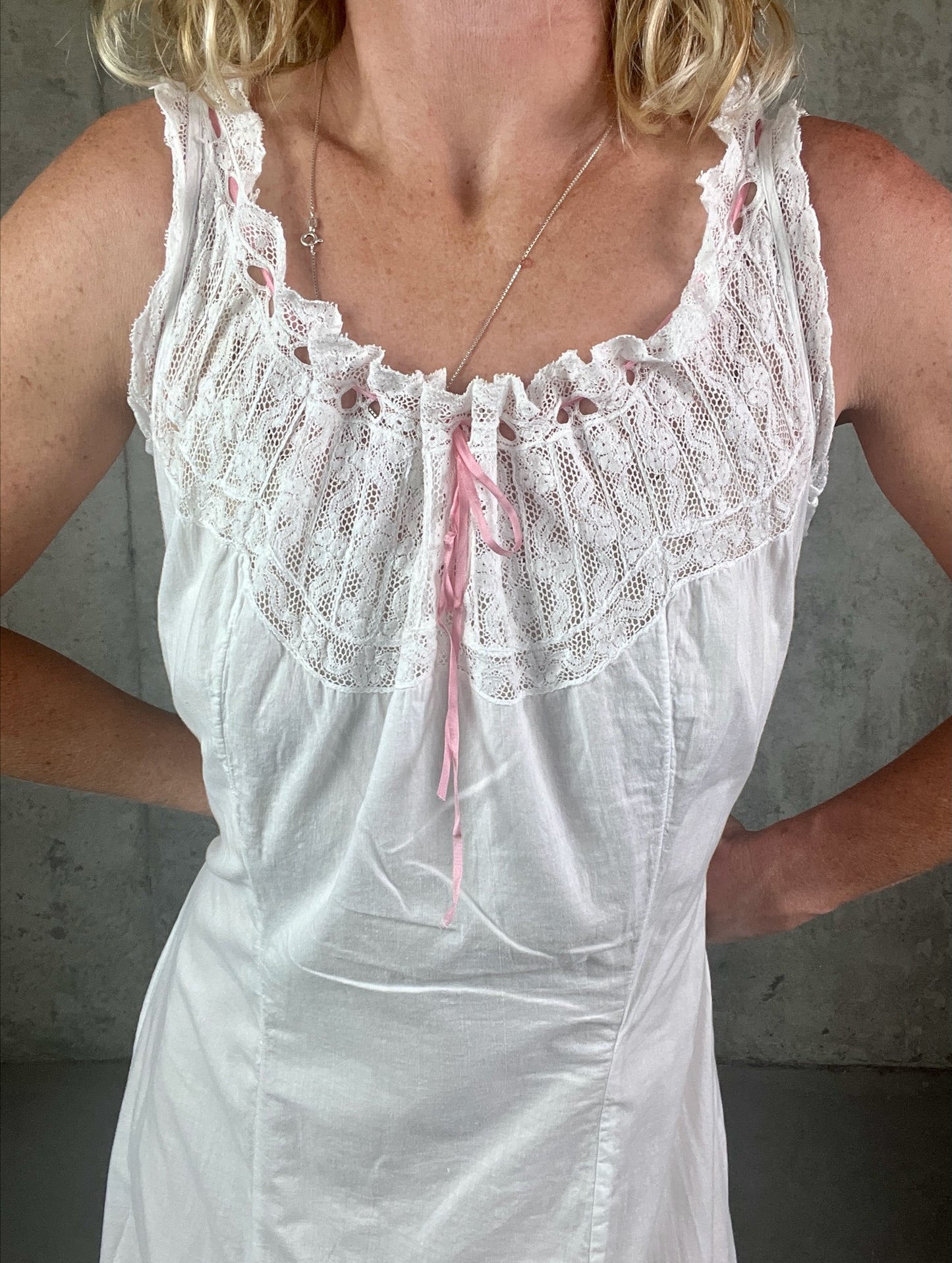 Antique 1900s Edwardian White Cotton Princess Petticoat Dress with Lace Trim