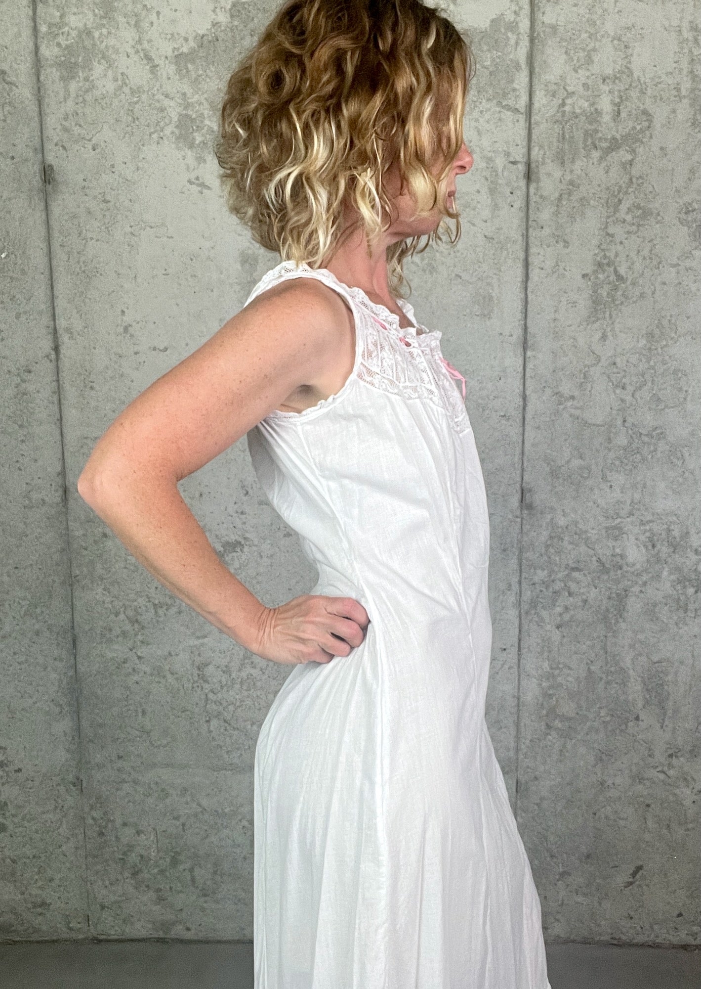 Antique 1900s Edwardian White Cotton Princess Petticoat Dress with Lace Trim