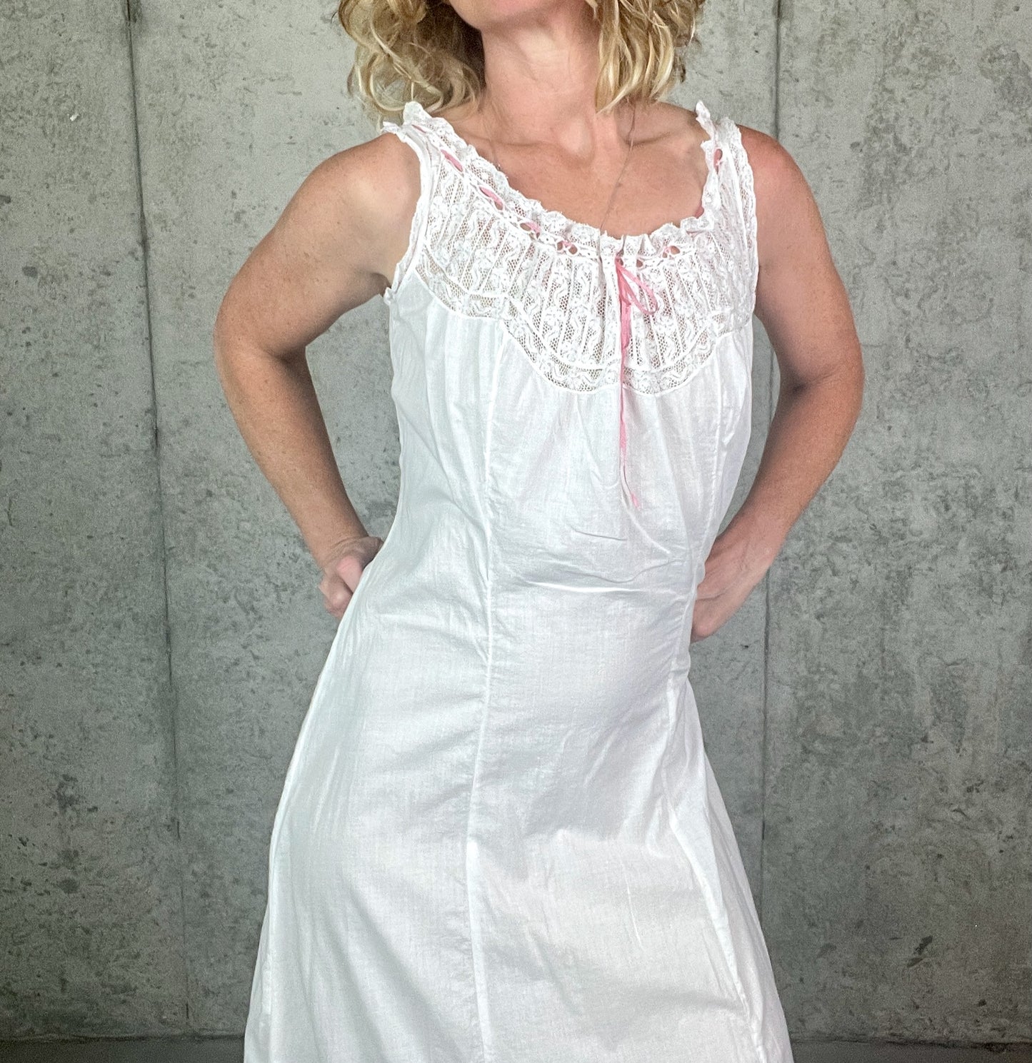Antique 1900s Edwardian White Cotton Princess Petticoat Dress with Lace Trim