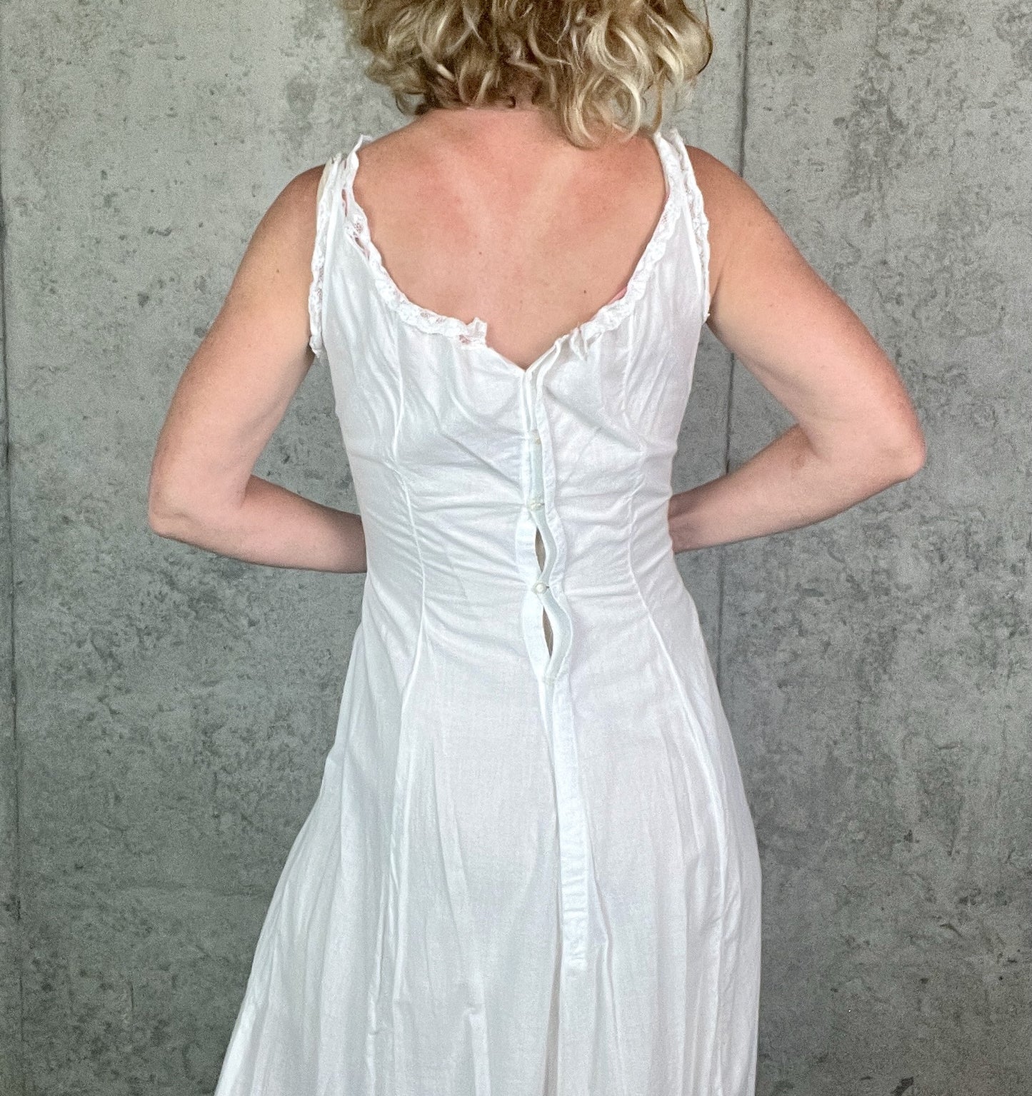 Antique 1900s Edwardian White Cotton Princess Petticoat Dress with Lace Trim