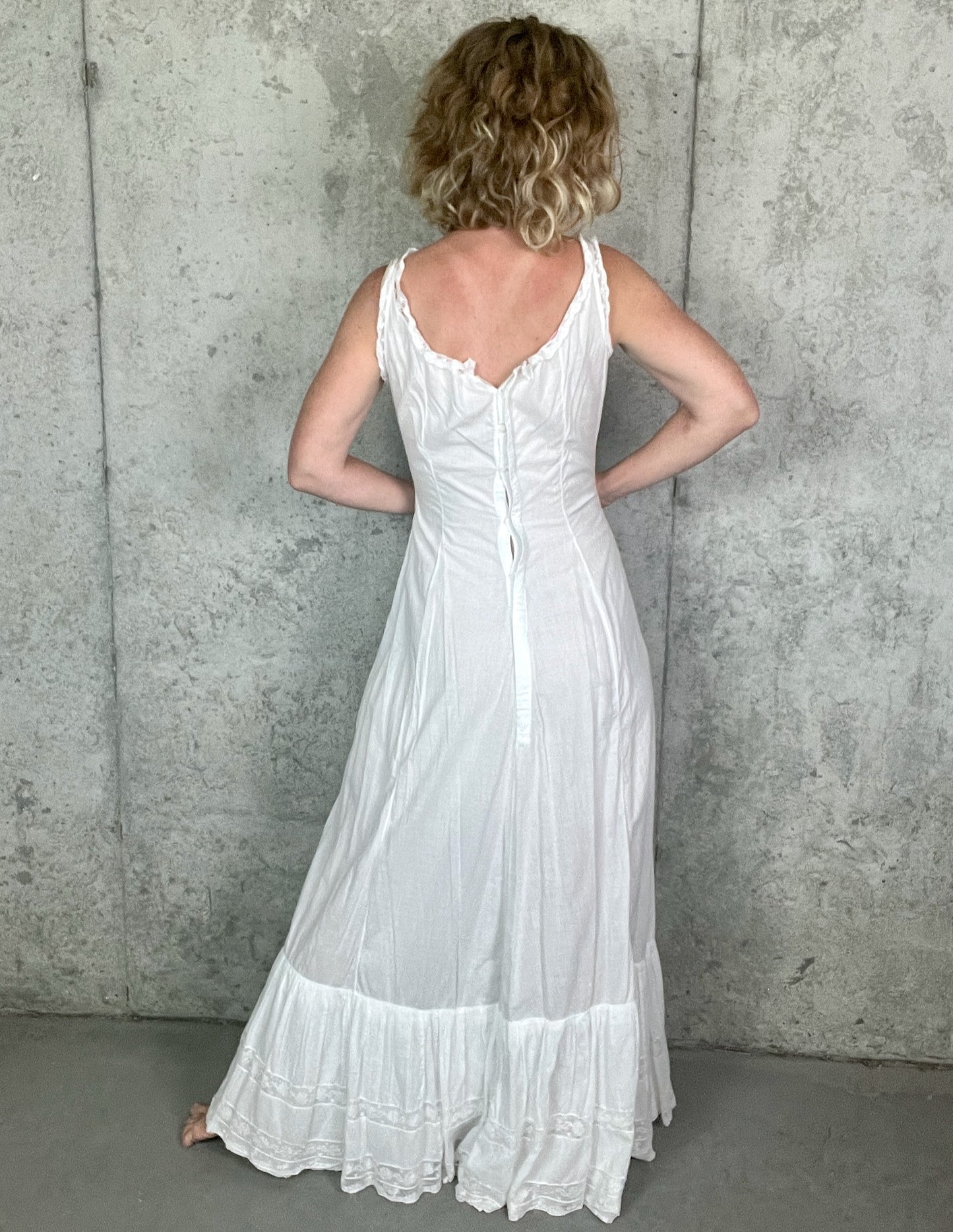 Antique 1900s Edwardian White Cotton Princess Petticoat Dress with Lace Trim