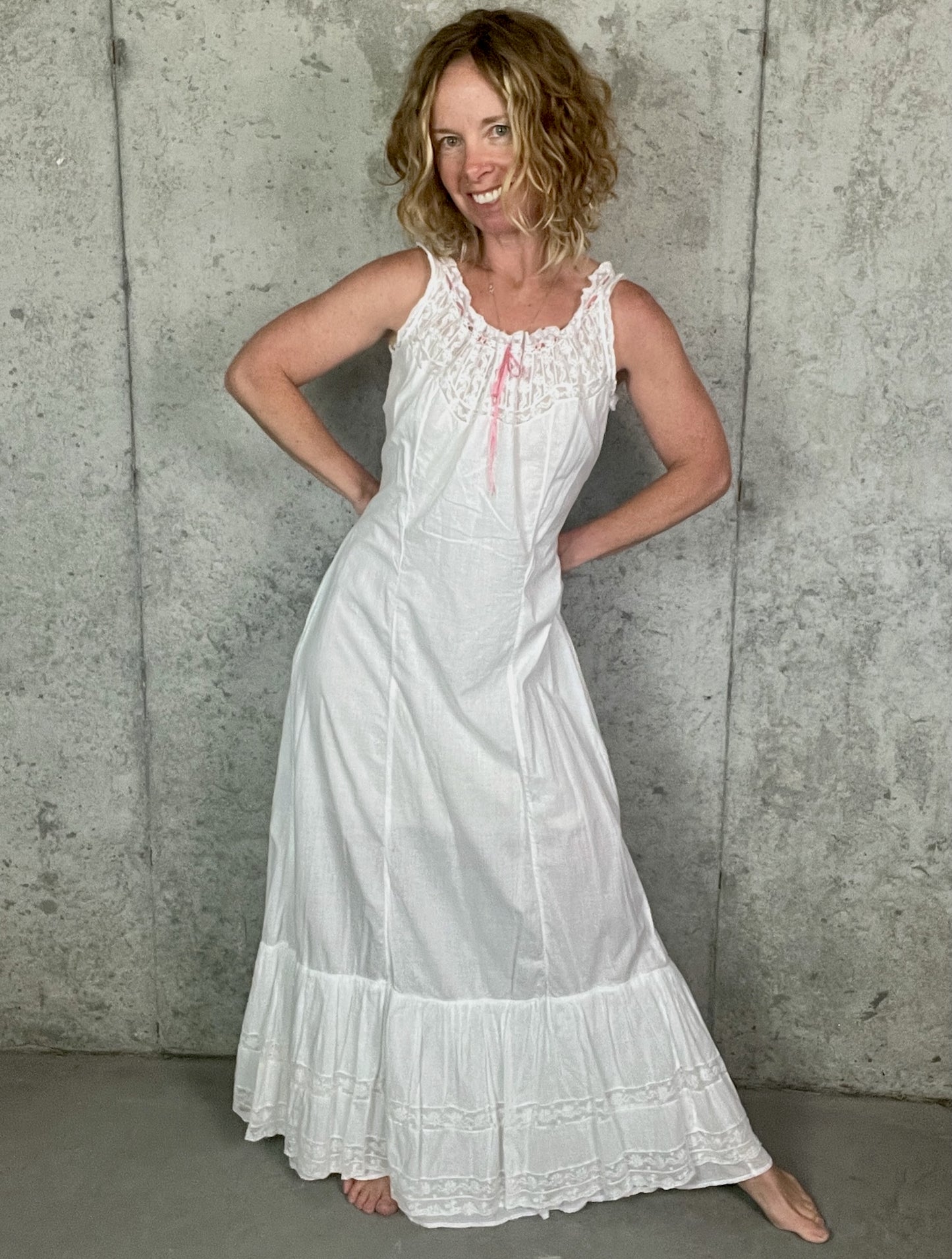 Antique 1900s Edwardian White Cotton Princess Petticoat Dress with Lace Trim