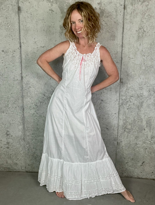 Antique 1900s Edwardian White Cotton Princess Petticoat Dress with Lace Trim