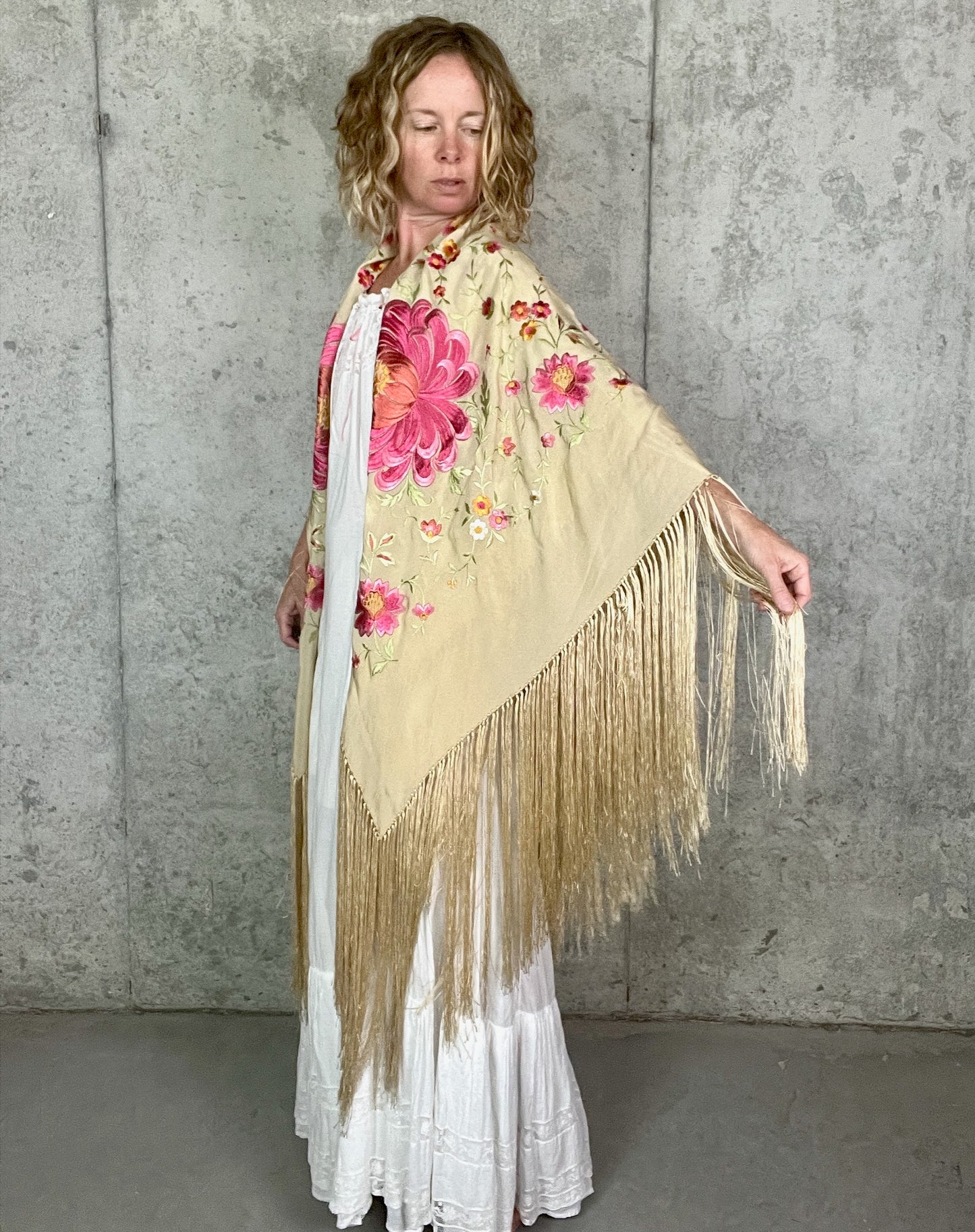 Antique 1910s Hand Embroidered Silk Piano Shawl with Chrysanthemums and Fringe