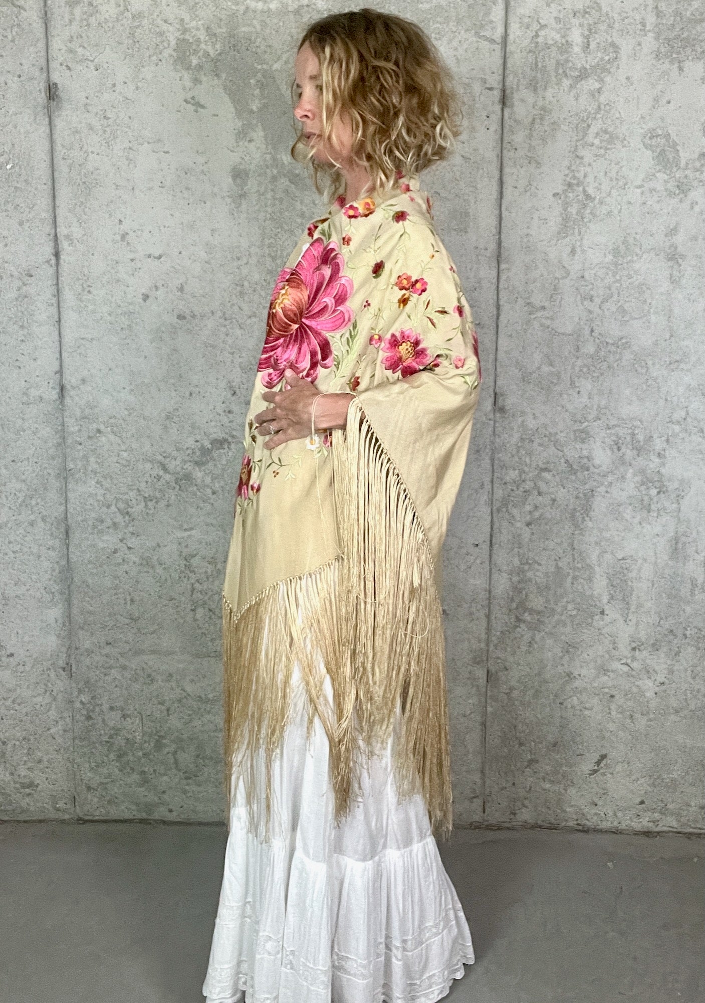Antique 1910s Hand Embroidered Silk Piano Shawl with Chrysanthemums and Fringe