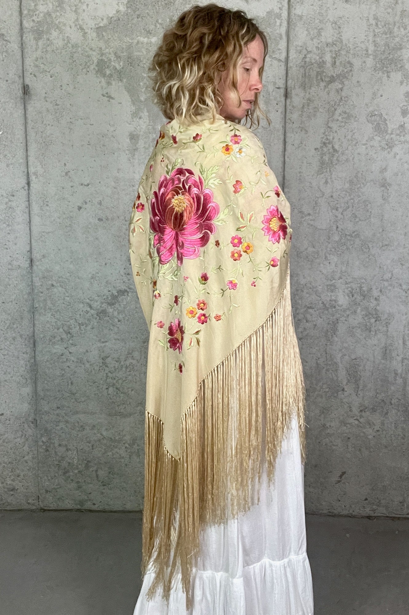 Antique 1910s Hand Embroidered Silk Piano Shawl with Chrysanthemums and Fringe