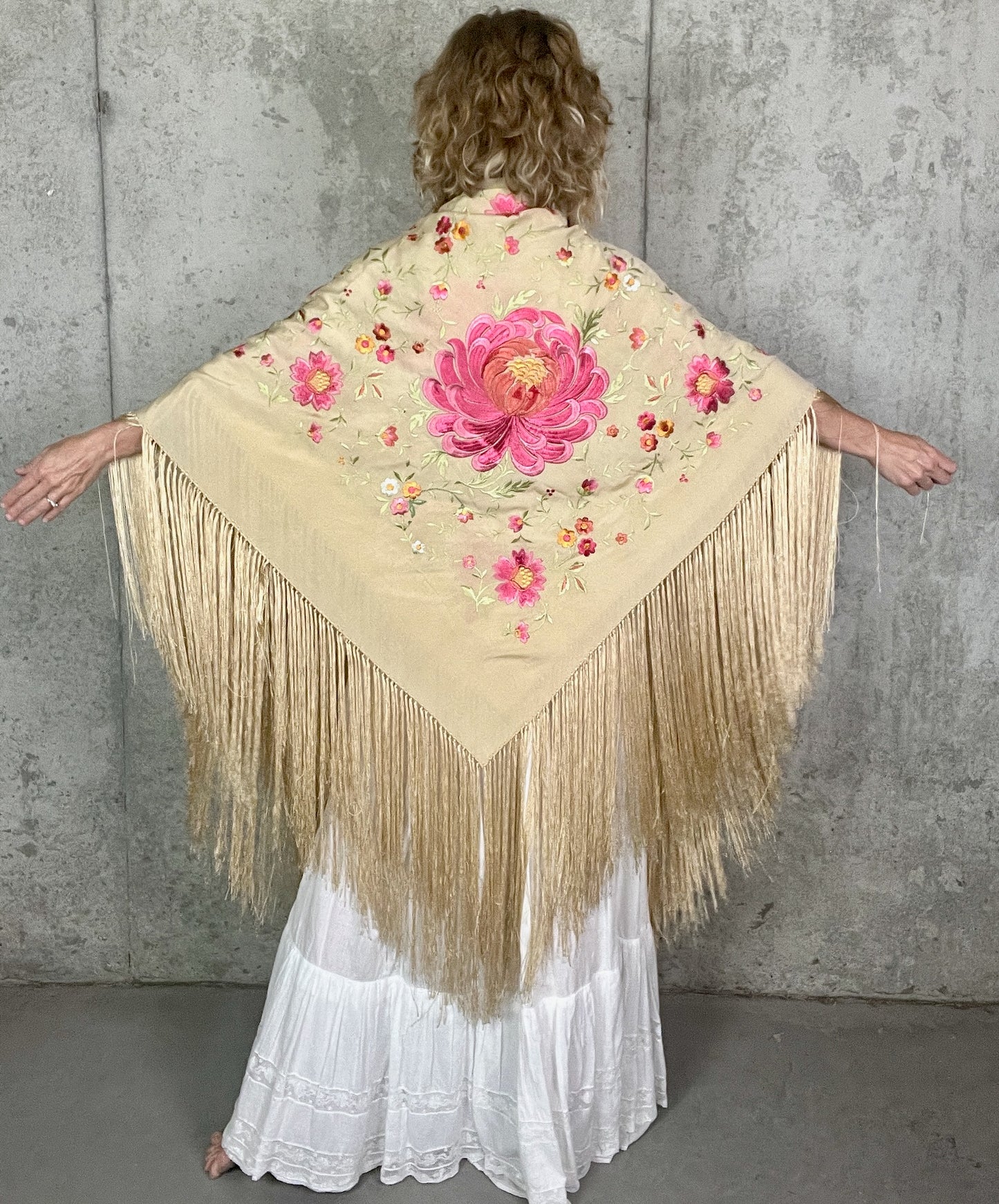 Antique 1910s Hand Embroidered Silk Piano Shawl with Chrysanthemums and Fringe
