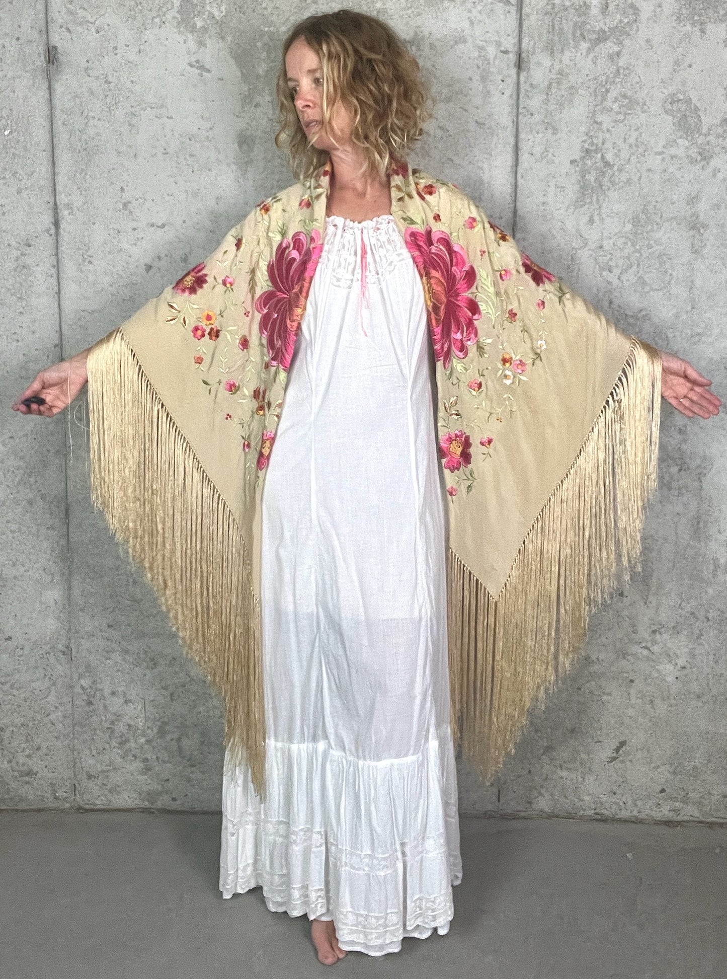 Antique 1910s Hand Embroidered Silk Piano Shawl with Chrysanthemums and Fringe