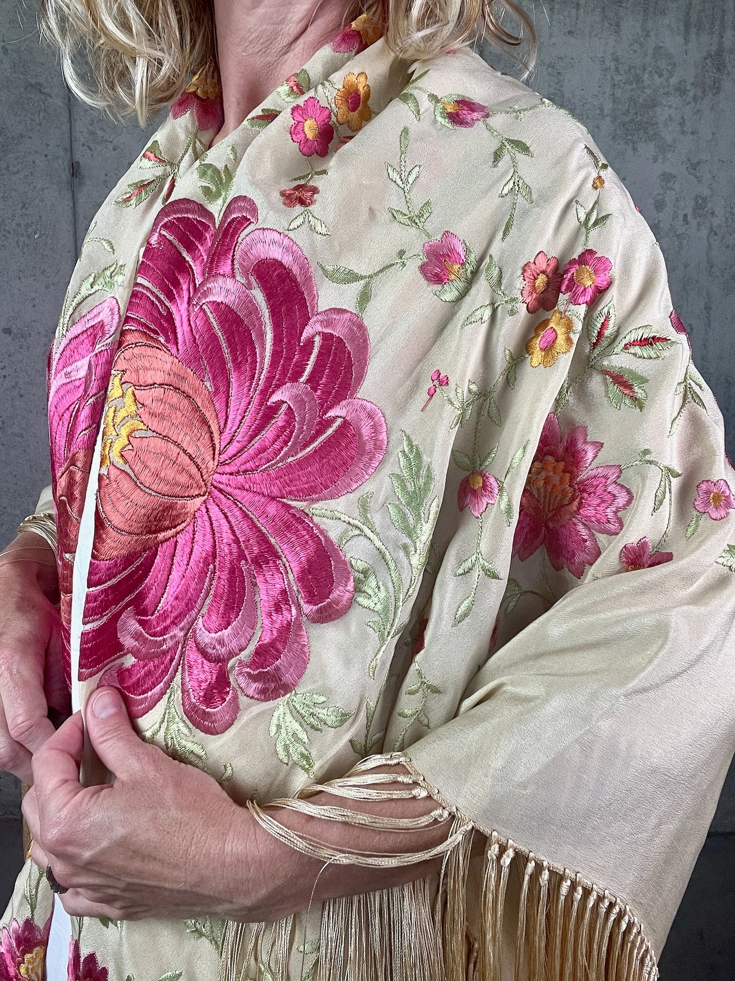 Antique 1910s Hand Embroidered Silk Piano Shawl with Chrysanthemums and Fringe