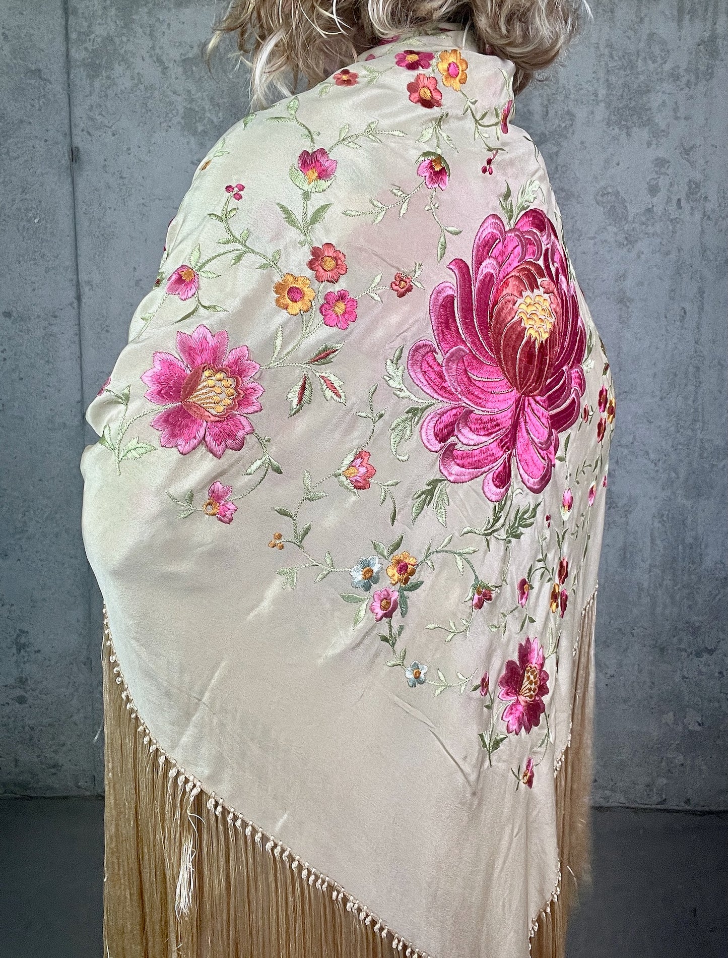 Antique 1910s Hand Embroidered Silk Piano Shawl with Chrysanthemums and Fringe