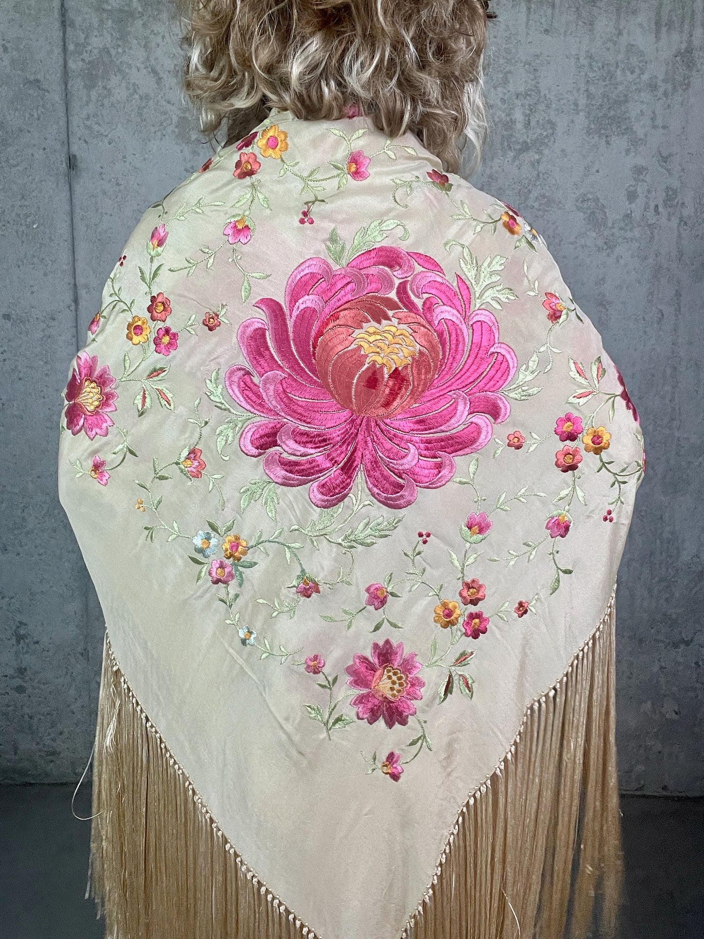 Antique 1910s Hand Embroidered Silk Piano Shawl with Chrysanthemums and Fringe