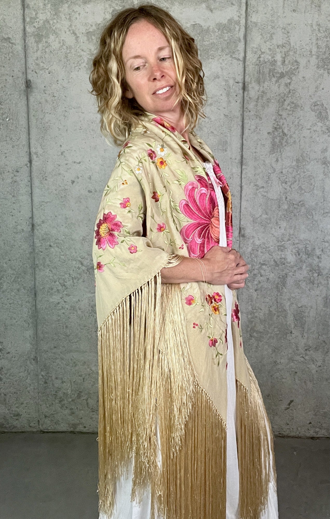 Antique 1910s Hand Embroidered Silk Piano Shawl with Chrysanthemums and Fringe