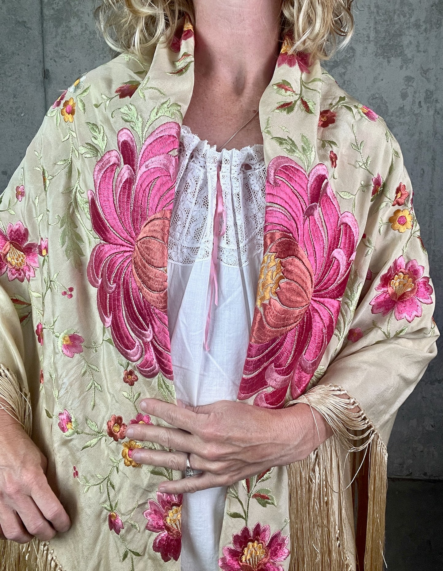 Antique 1910s Hand Embroidered Silk Piano Shawl with Chrysanthemums and Fringe