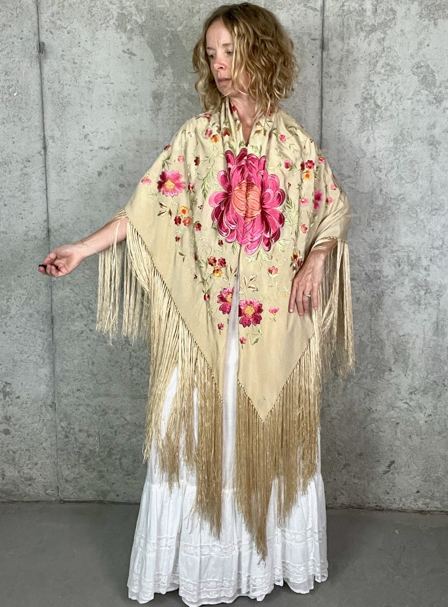 Antique 1910s Hand Embroidered Silk Piano Shawl with Chrysanthemums and Fringe