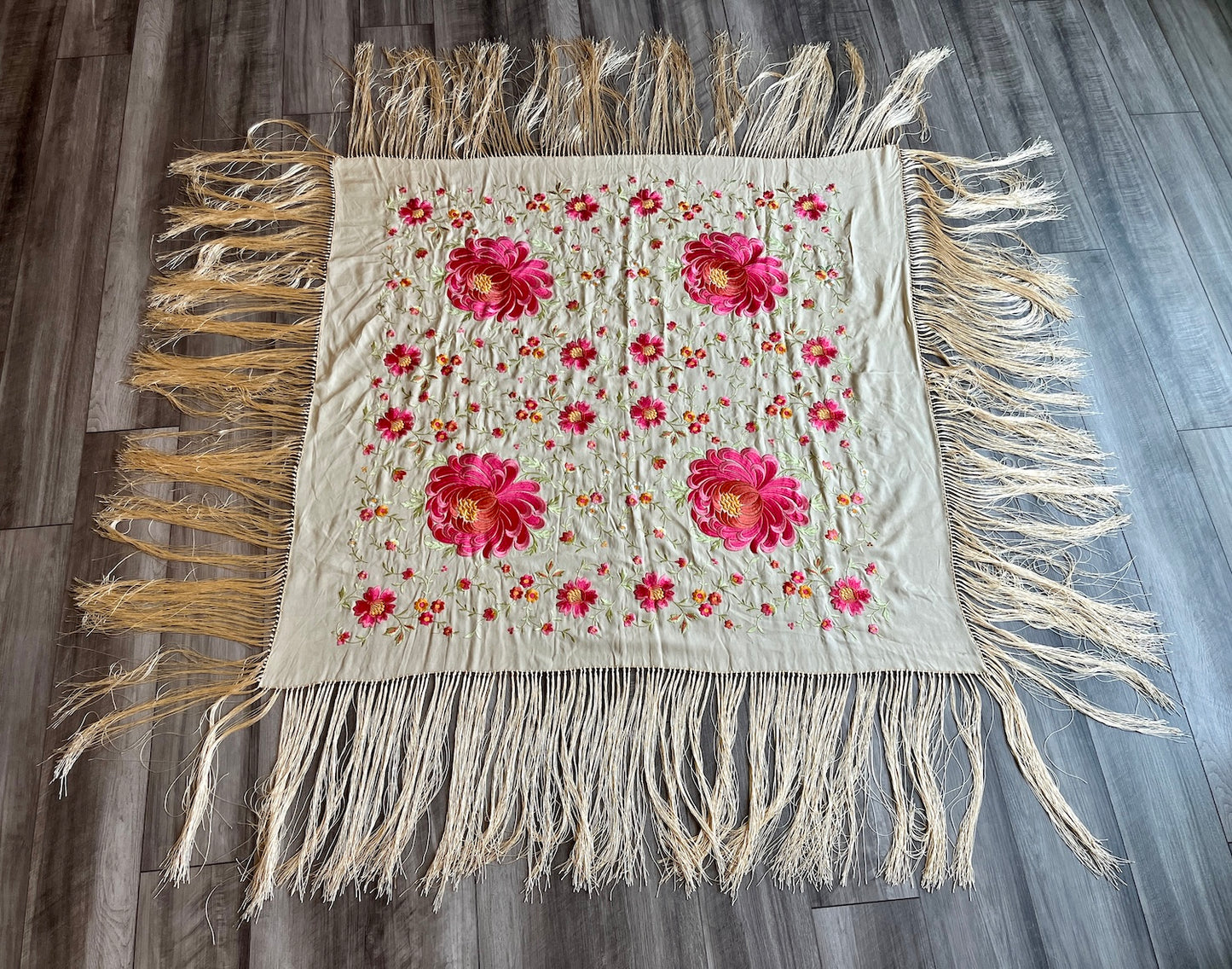 Antique 1910s Hand Embroidered Silk Piano Shawl with Chrysanthemums and Fringe
