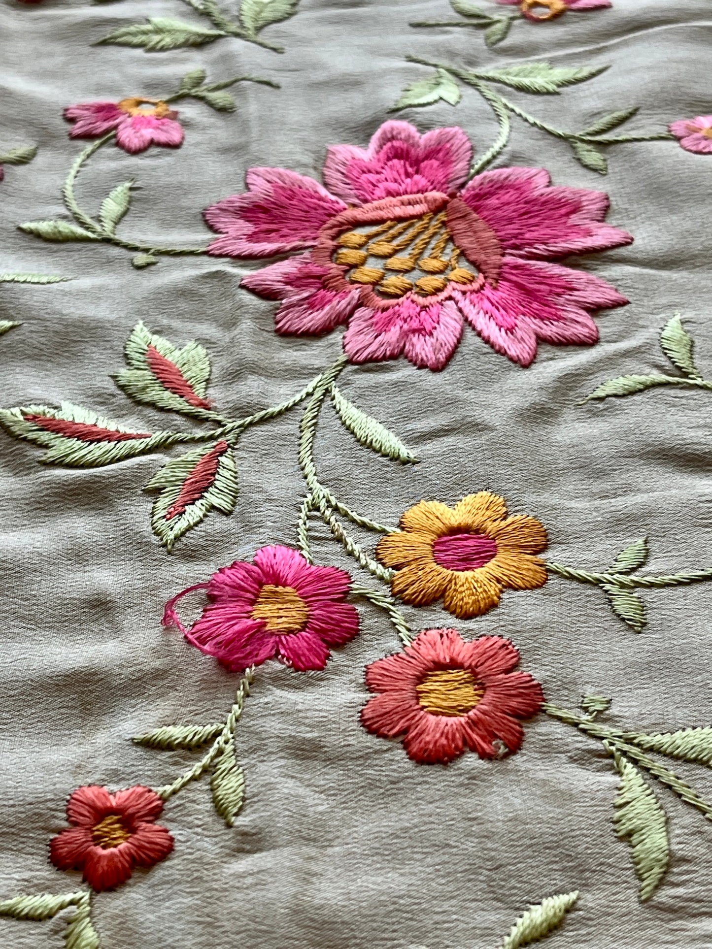 Antique 1910s Hand Embroidered Silk Piano Shawl with Chrysanthemums and Fringe