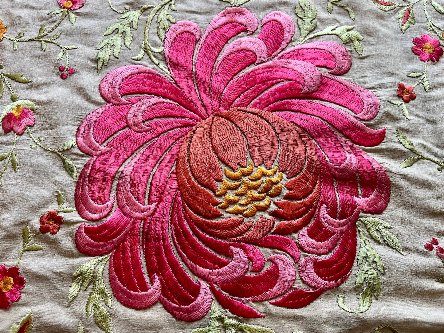 Antique 1910s Hand Embroidered Silk Piano Shawl with Chrysanthemums and Fringe