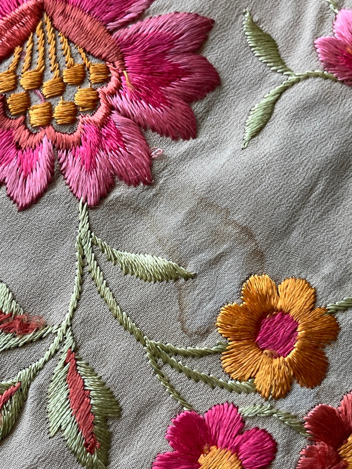 Antique 1910s Hand Embroidered Silk Piano Shawl with Chrysanthemums and Fringe