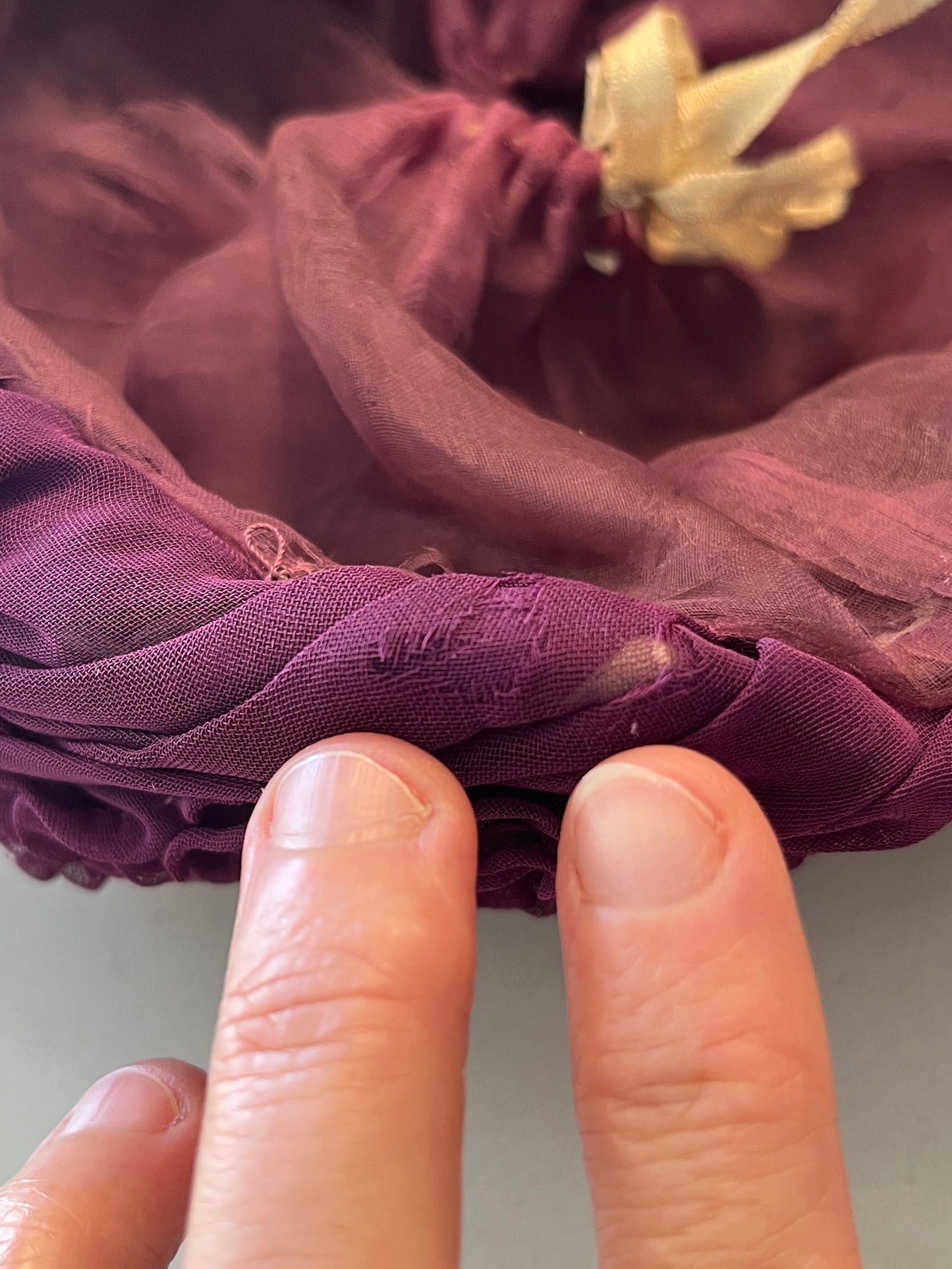 Antique c. 1895–1905 Purple Silk Chiffon Toque Hat with Silk Petal Appliqué & Fabric Flowers