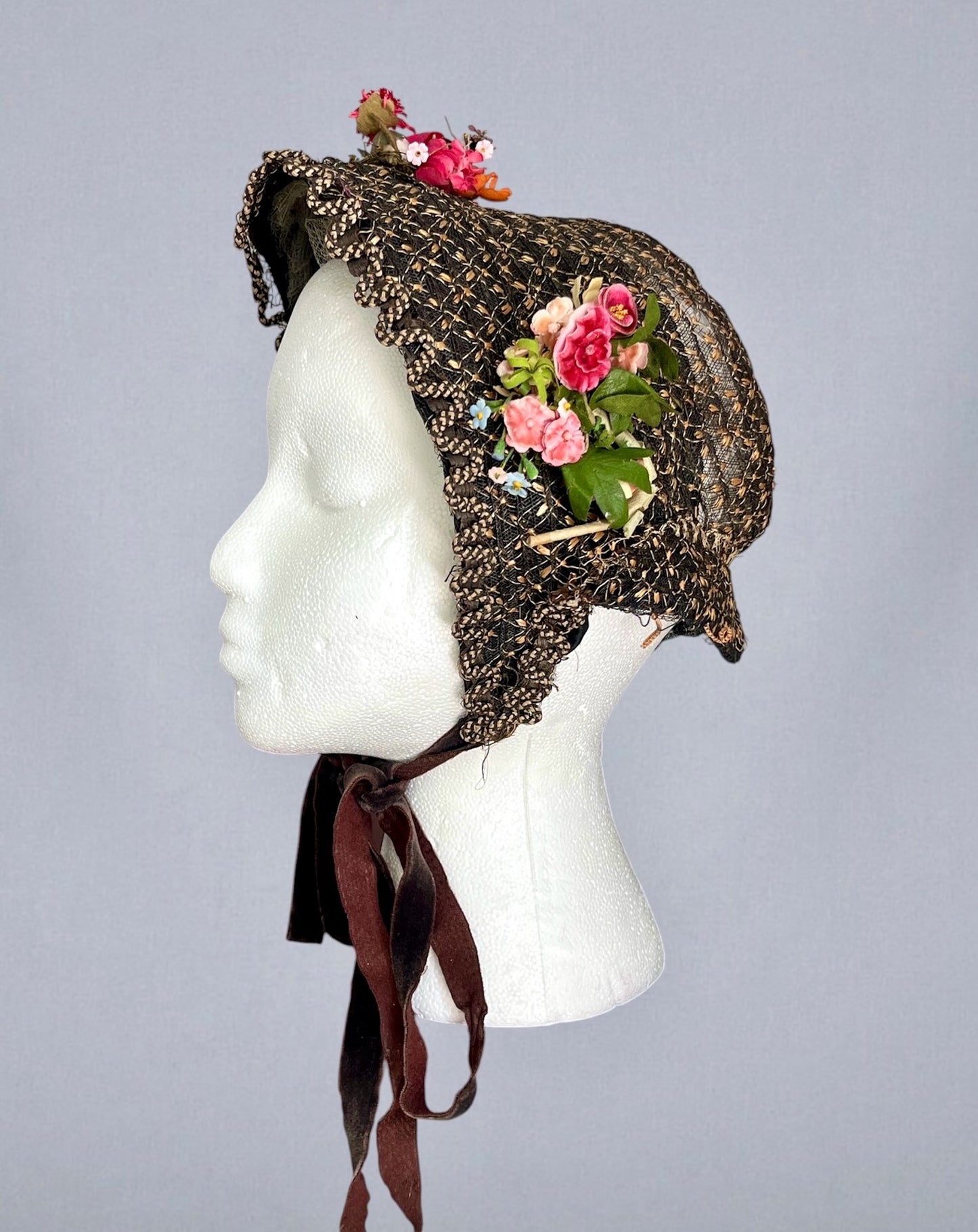 Antique 1860s Victorian Horsehair Bonnet with Gold Straw Flecks & Vibrant Fabric Flowers