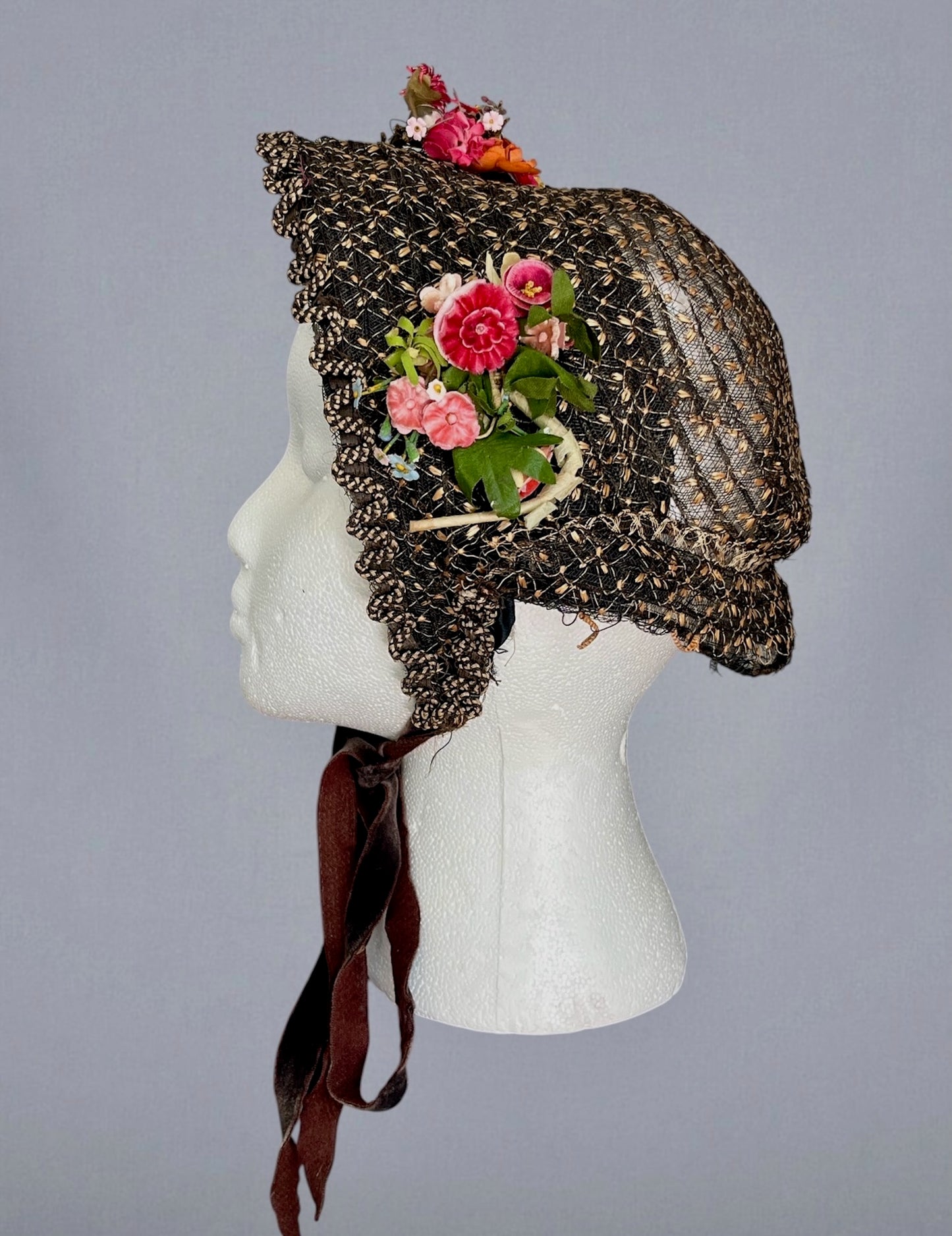 Antique 1860s Victorian Horsehair Bonnet with Gold Straw Flecks & Vibrant Fabric Flowers