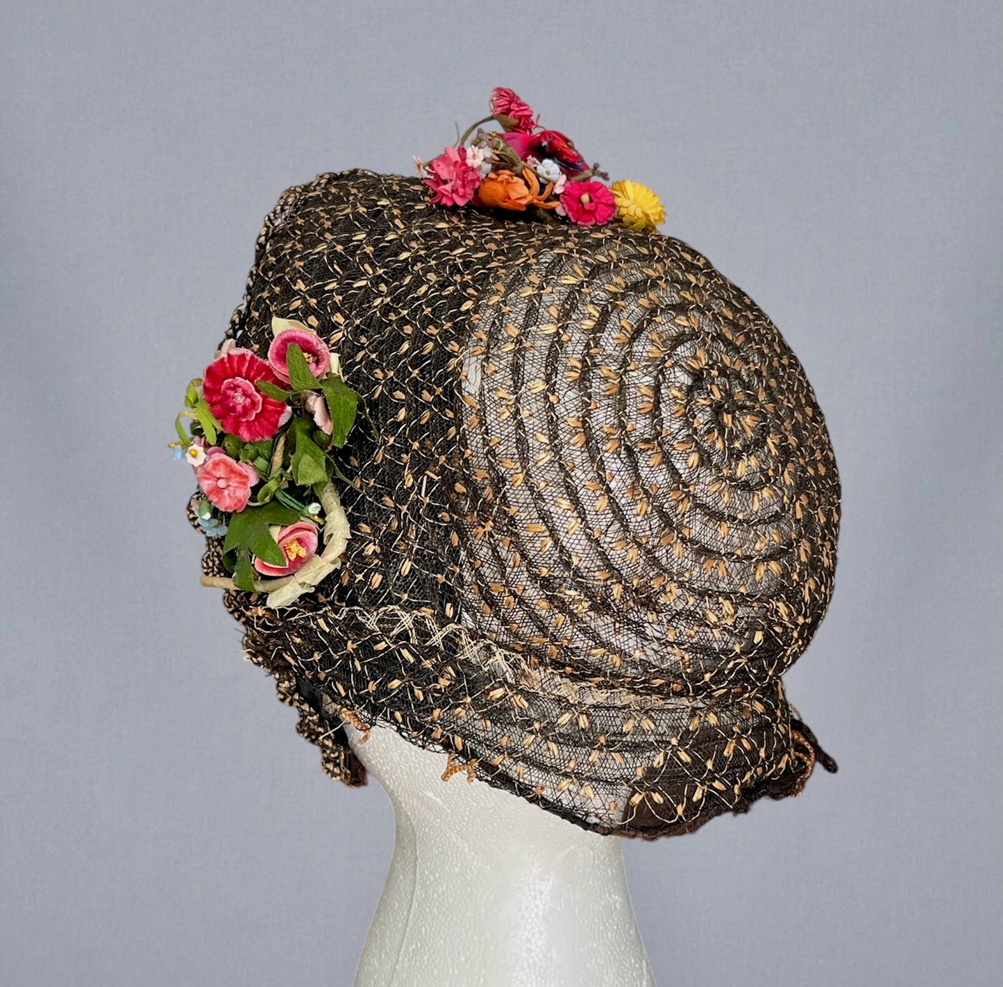 Antique 1860s Victorian Horsehair Bonnet with Gold Straw Flecks & Vibrant Fabric Flowers