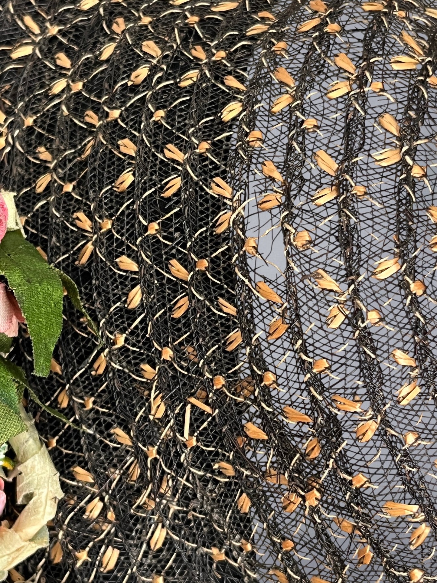 Antique 1860s Victorian Horsehair Bonnet with Gold Straw Flecks & Vibrant Fabric Flowers