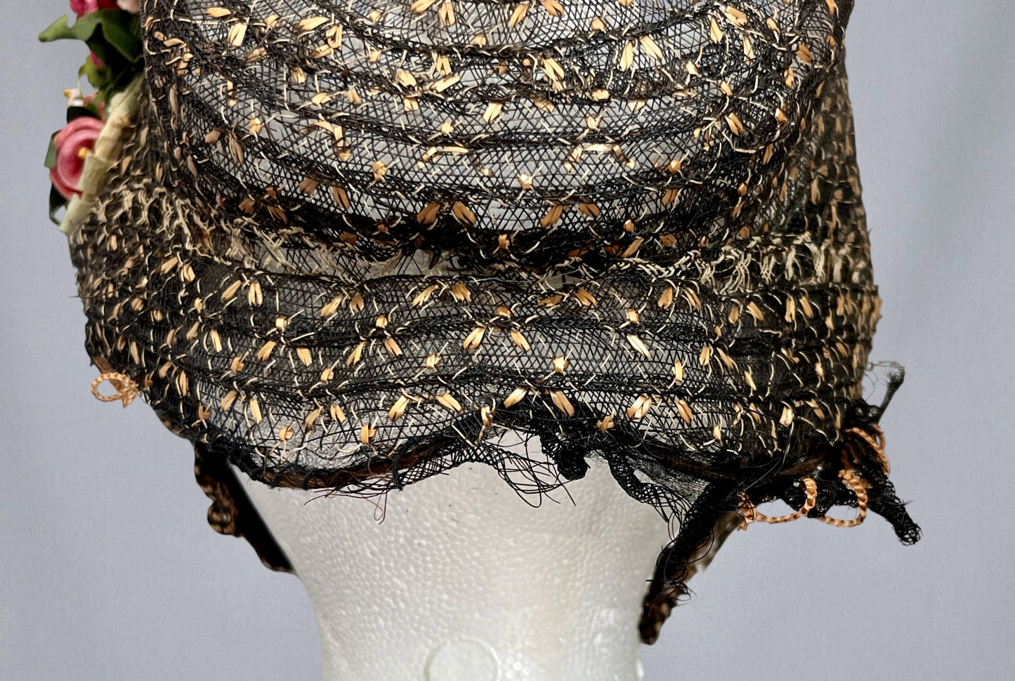 Antique 1860s Victorian Horsehair Bonnet with Gold Straw Flecks & Vibrant Fabric Flowers