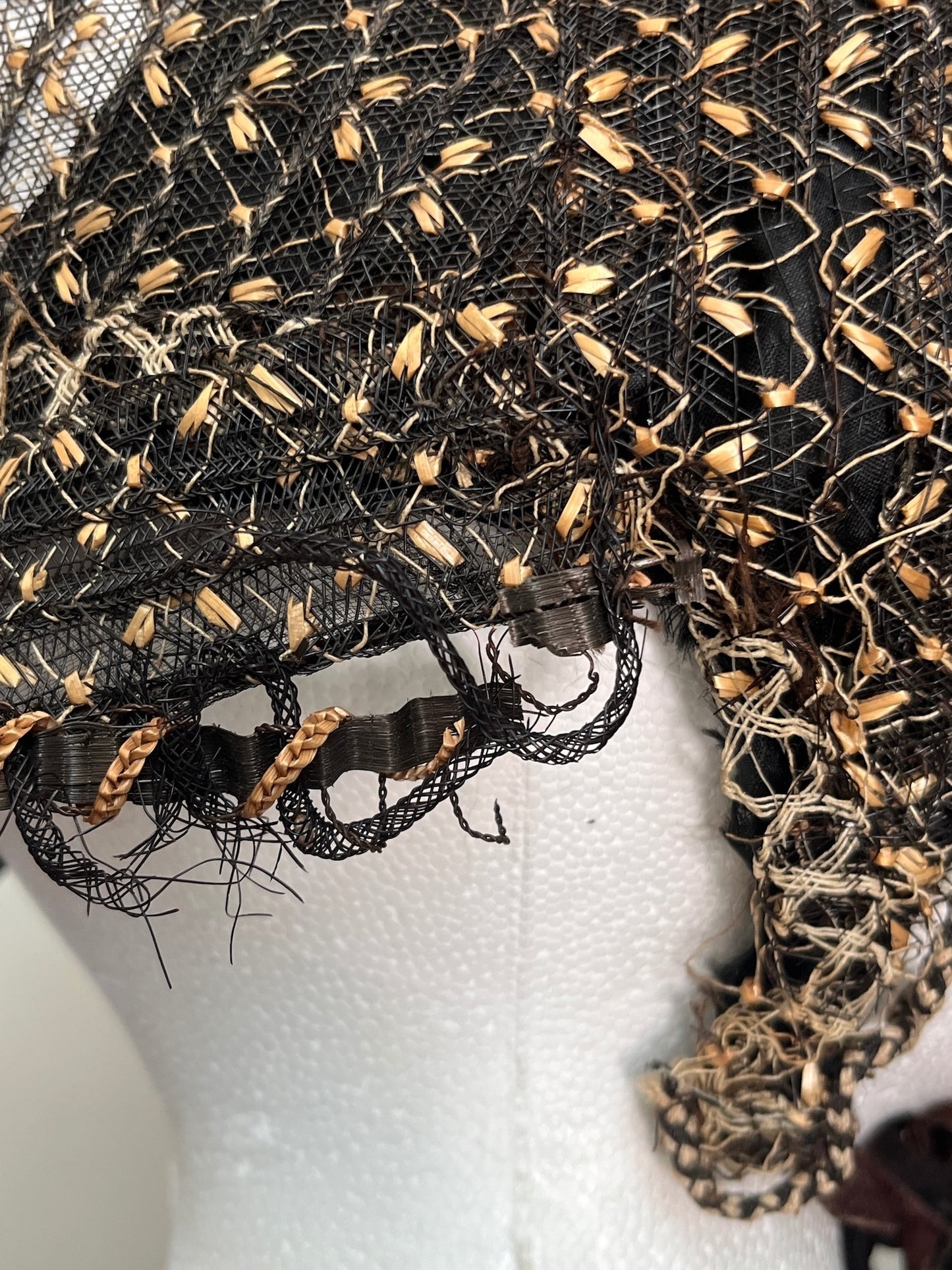 Antique 1860s Victorian Horsehair Bonnet with Gold Straw Flecks & Vibrant Fabric Flowers